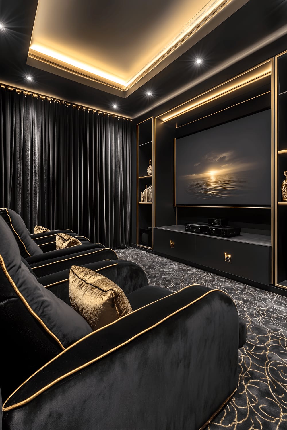 A high-contrast image of a home theater located in Milan showcasing plush black reclining seats adorned with gold piping. The room has dark grey velvet curtains framing a large projection screen. A gold-framed flat-screen TV is mounted on one wall, featuring minimalist black and gold shelving holding decorative items and media equipment. The ceiling is illuminated with soft, ambient LED lighting that casts a warm glow, accentuating the room's luxurious textures and sophisticated color scheme. A matching black and gold area rug adds an additional layer of depth and comfort to the room.