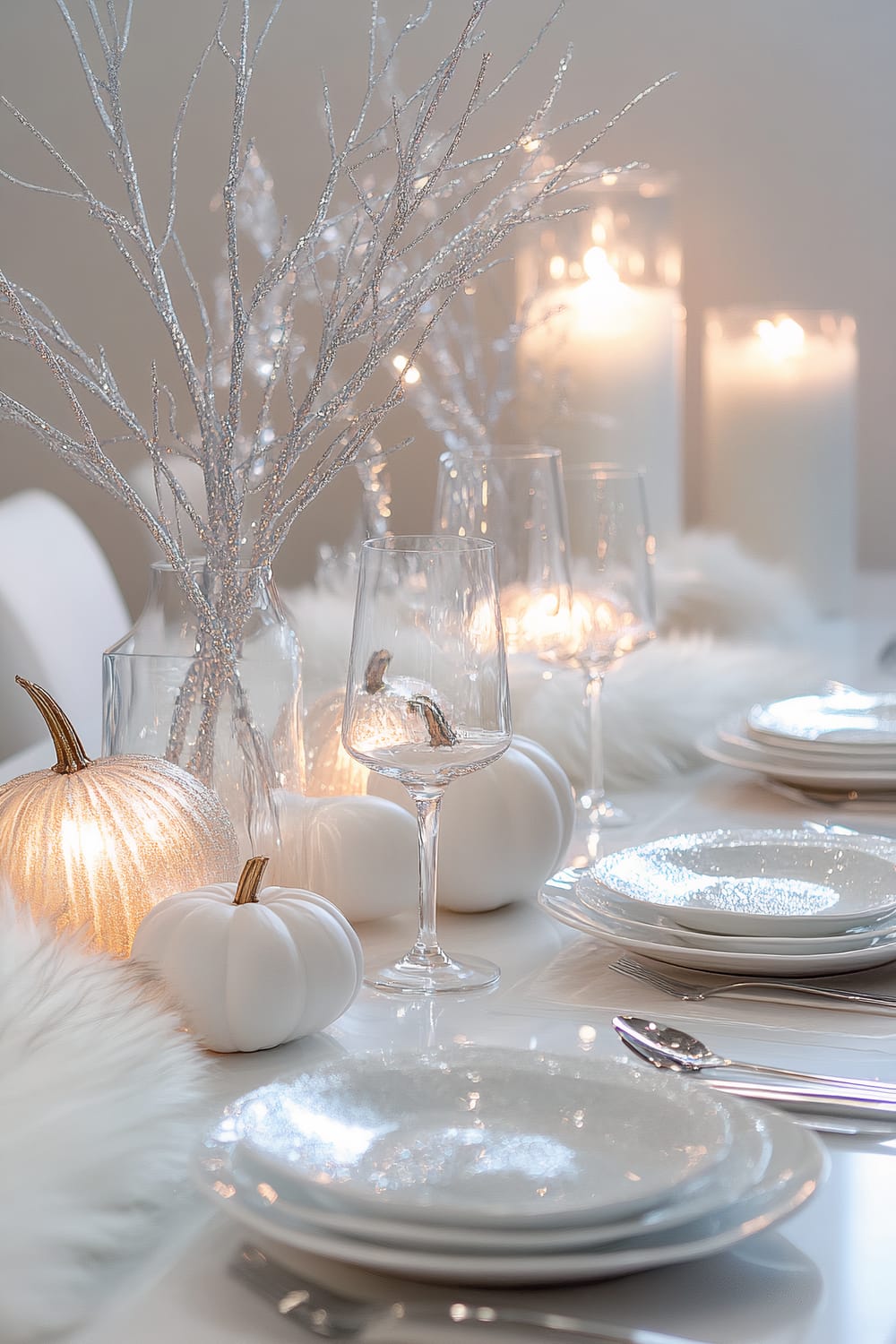 A sophisticated tablescape featuring an elegant winter theme. The table is adorned with white pumpkins, glittery silver branches, glassware, and sparkling plates. Soft white fur and glowing candles enhance the atmosphere.