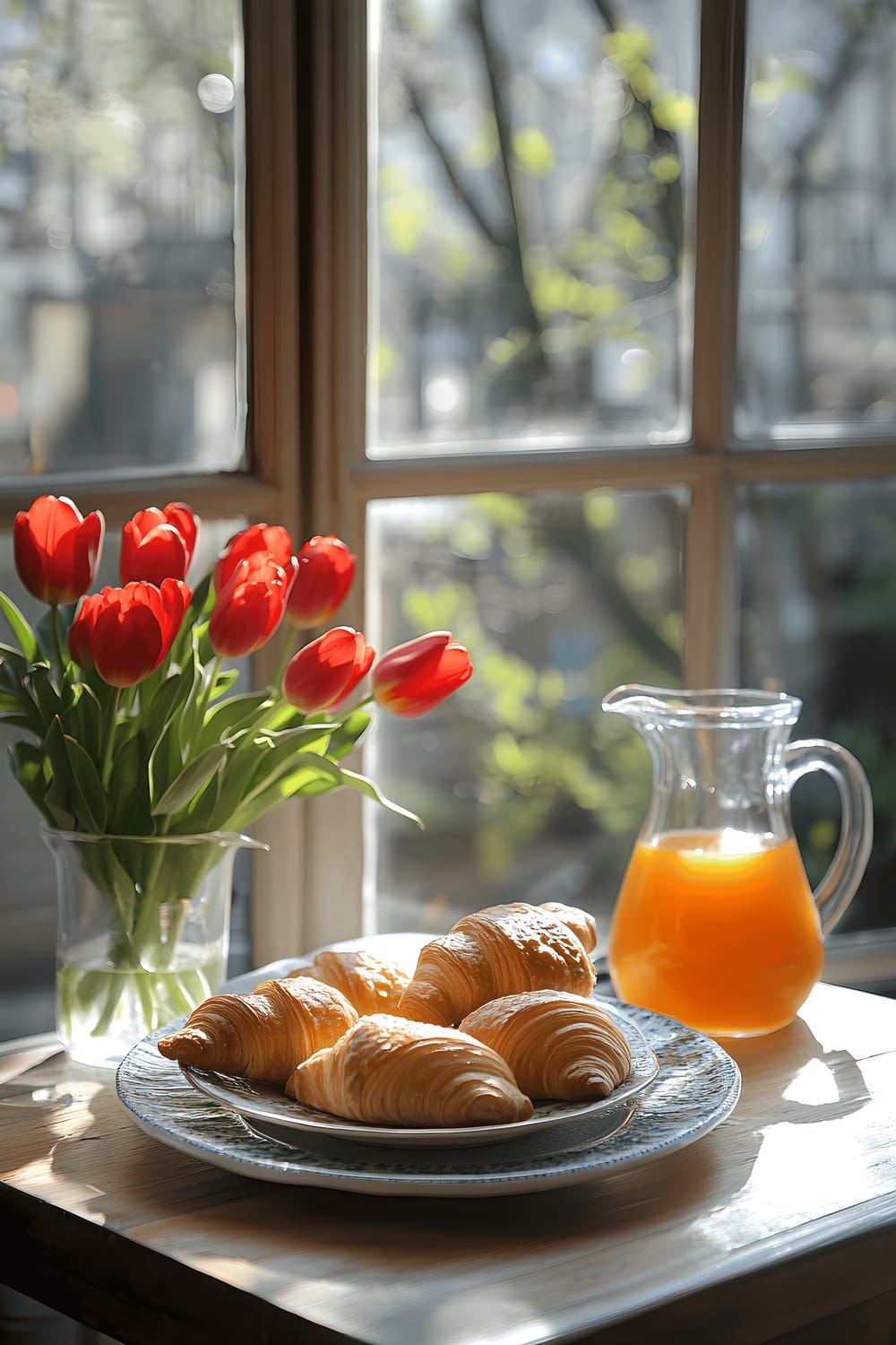 A sunlit breakfast nook designed in a European style with a wooden table set for two. The table showcases a vibrant bouquet of red tulips, a ceramic platter of fresh croissants, and a noticeable jug of orange juice poured in elegant glass pitchers. Soft morning light filters through a side window, casting a warm, inviting glow and highlighting the contrasting colours of the decor, atmosphere, and breakfast setup.