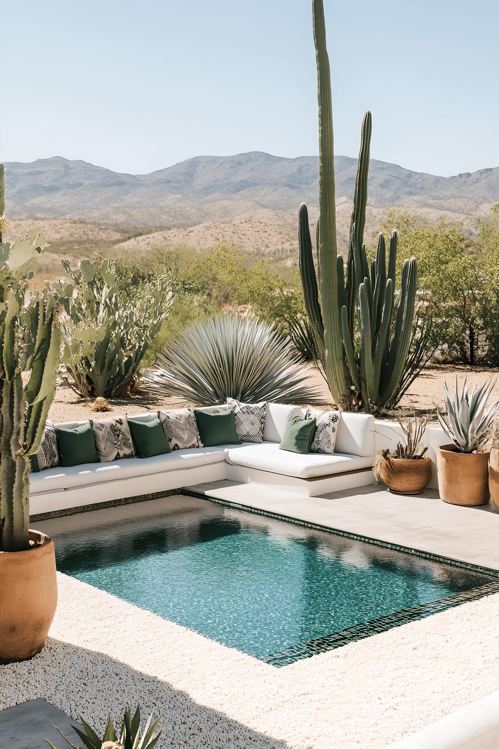 A minimalist outdoor patio featuring a kidney-shaped plunge pool, surrounded by white gravel. The patio is furnished with a white modular sofa with green cactus patterned cushions. Tall barrel cacti in terracotta pots are placed nearby. The space is styled with mid-century modern elements such as a teak coffee table and a geometric outdoor rug underfoot.