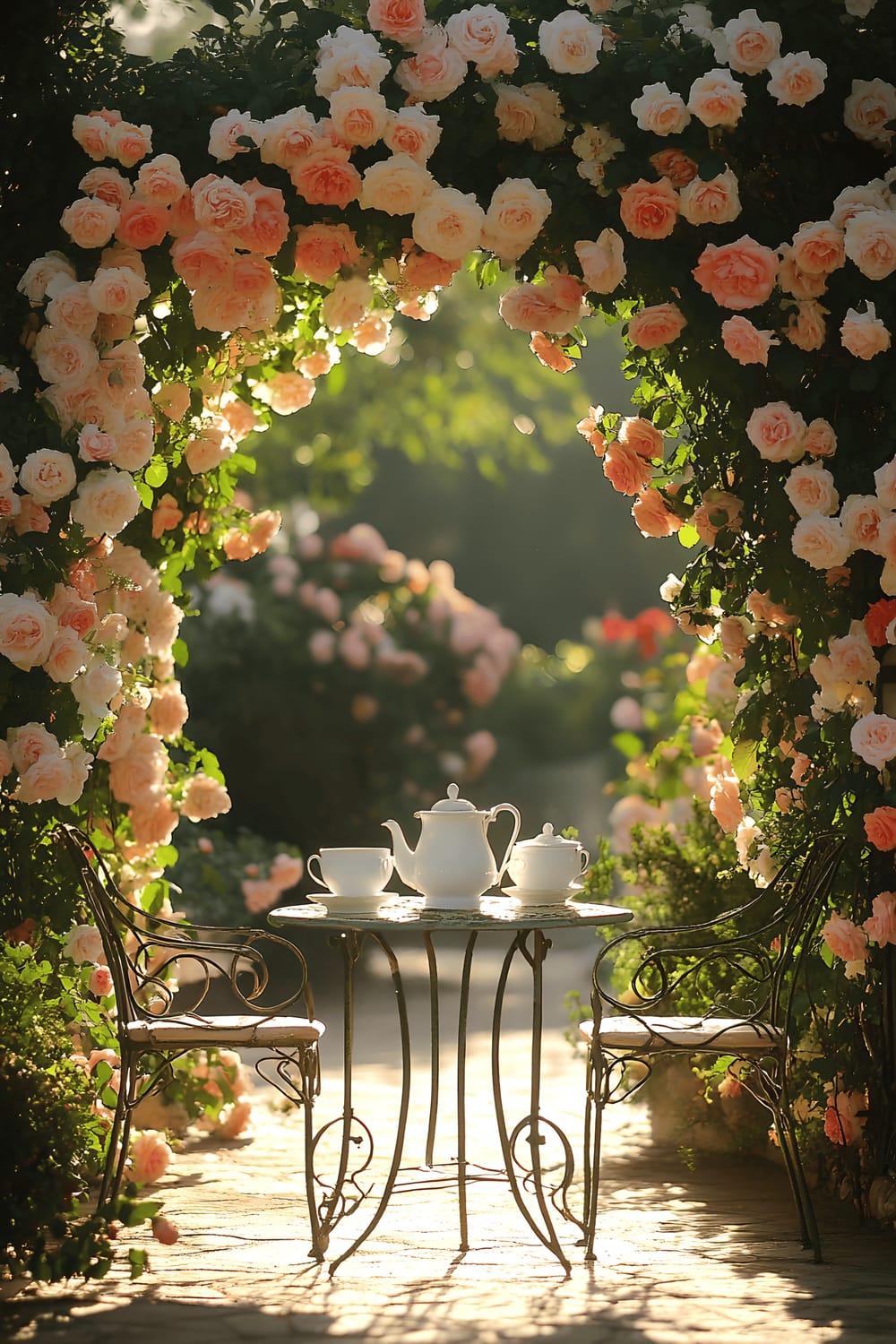 A secluded garden patio set under an arch of blooming roses in shades of blush, coral, and white. Sunlight pierces through the blossoms creating complex shadows on the inviting wrought-iron bistro set beneath. The table holds a simple white teapot and matching cups ready for an intimate tea session.