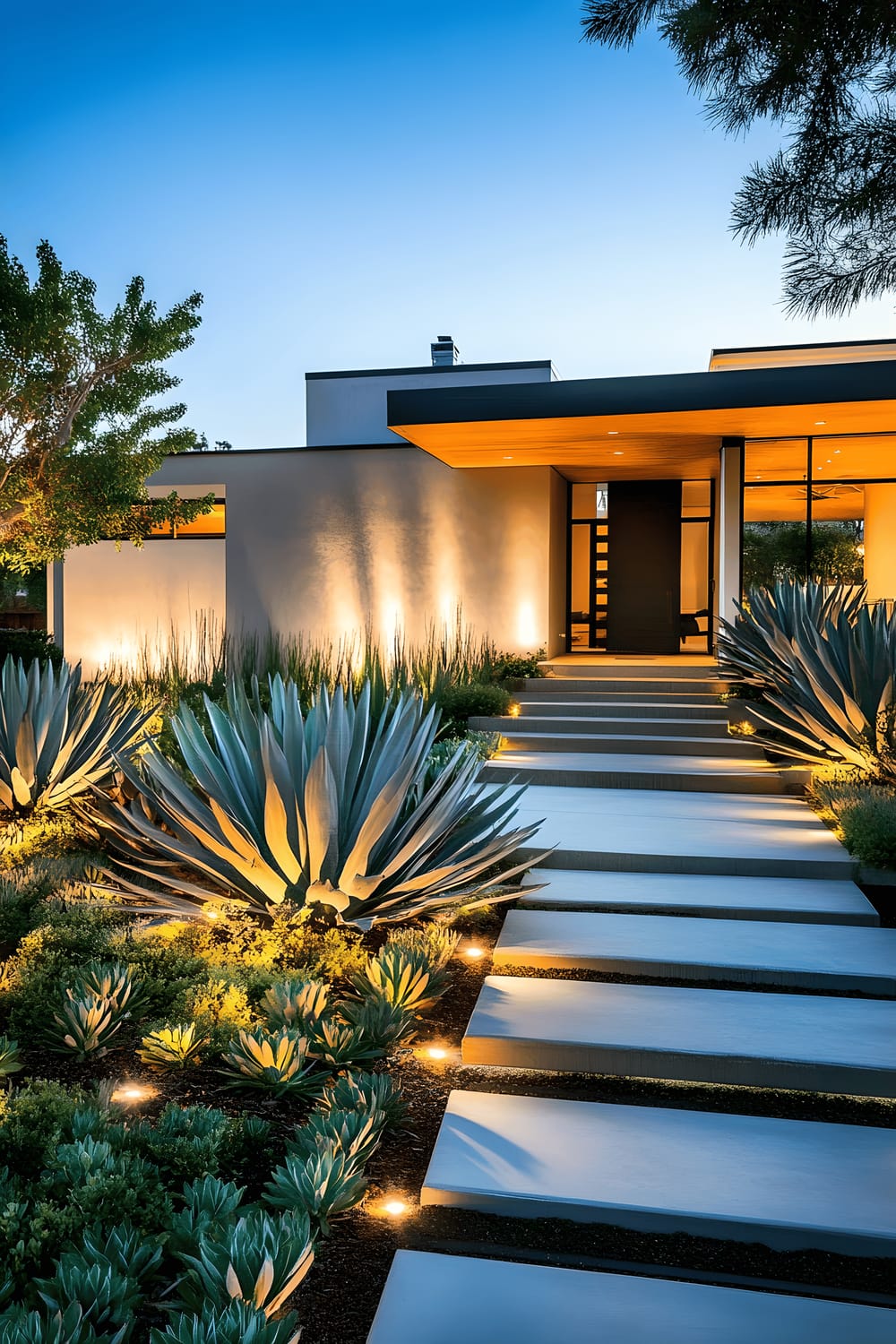 A sleek front yard during dusk with clean concrete pathways, well-kept boxwood hedges, large sculptural agave plants and soft landscape lights improving the geometric architecture of a modern home.