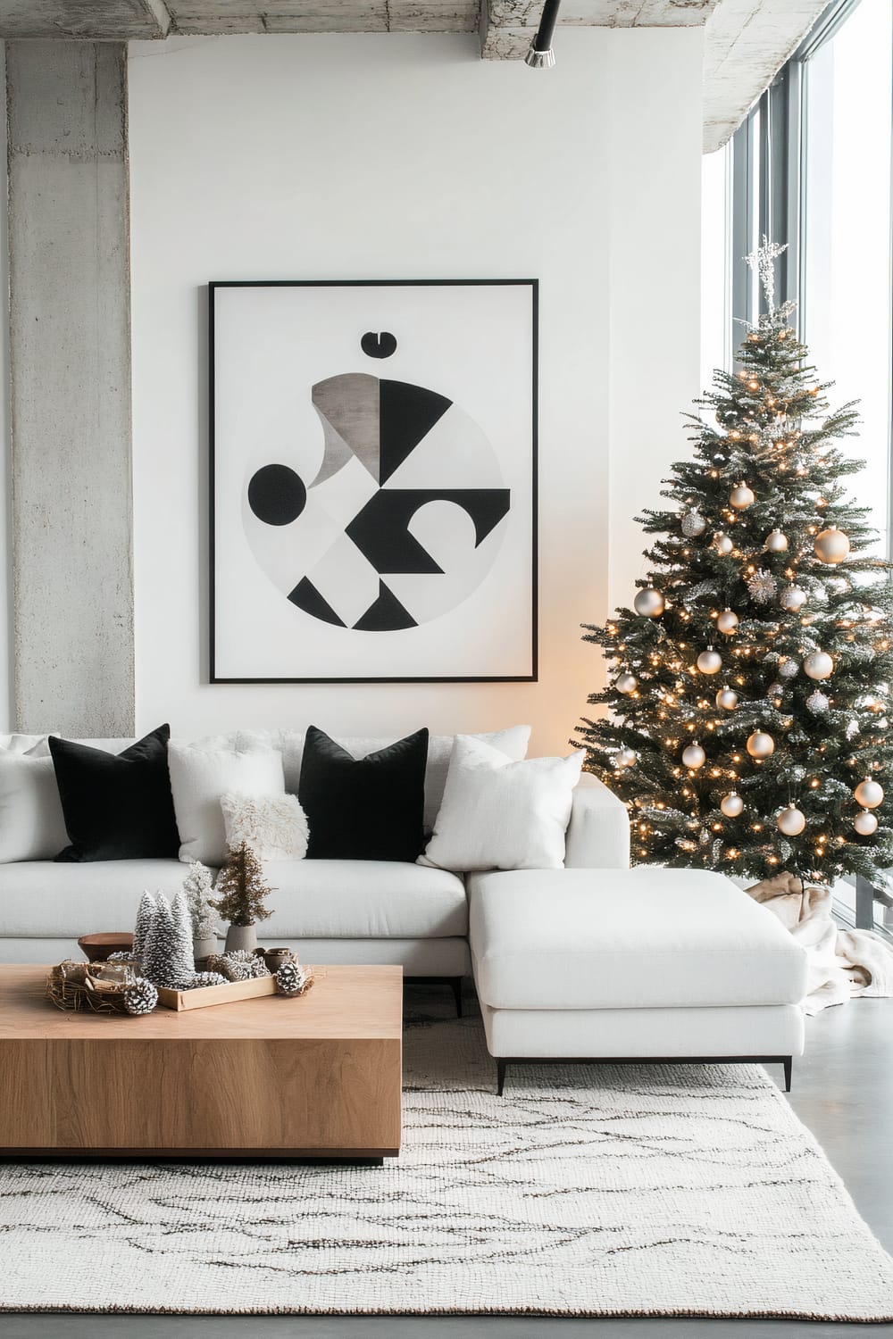 A modern living room with minimalistic decor and Christmas touches. The room features a large white sectional sofa adorned with black and white pillows. Above the sofa, a large abstract black and white art piece hangs on the wall. To the right, a Christmas tree decorated with white and gold ornaments and warm lights stands near a window. A light wood coffee table sits on a patterned rug, decorated with small tabletop Christmas trees and holiday ornaments.