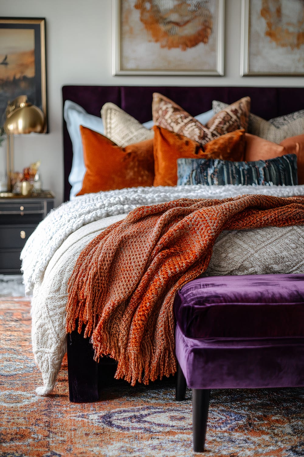 A stylish bedroom featuring a bed with a tufted purple velvet headboard, adorned with a collection of plush, textured pillows in varying shades of orange, beige, and blue. A cozy orange knit throw blanket is draped over the bed, complementing the intricate patterned rug beneath. A purple velvet bench sits at the foot of the bed. The nightstand with a brass table lamp and art pieces featuring warm tones decorate the walls.