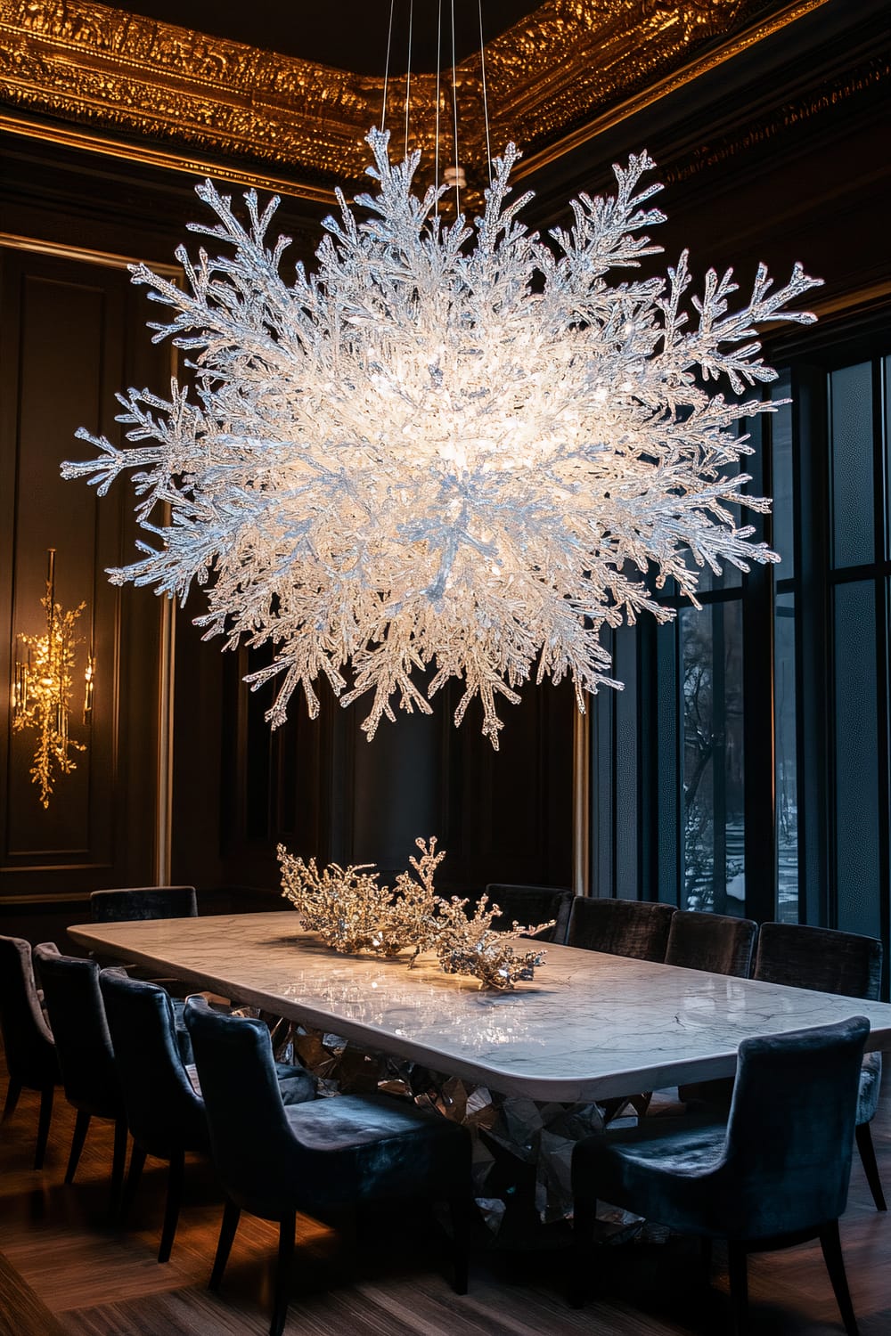 An opulent dining room featuring a grand white crystal snowflake chandelier suspended from a high ceiling adorned with intricate gold trim. Below the chandelier is a luxurious marble dining table accented with delicate crystal decorations, surrounded by plush velvet chairs. Large windows offer a view of the exterior, allowing soft natural light to complement the warm interior lighting.