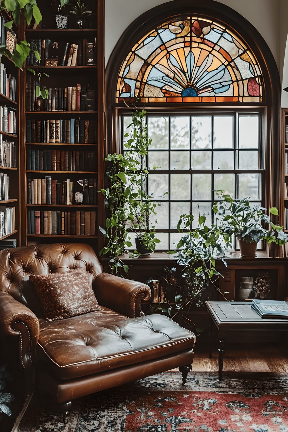 A spacious living room that was once a library, composed of repurposed wooden bookshelves used as room dividers, a vintage leather chaise lounge laden with mismatched antique pillows, and a reclaimed wood coffee table that holds a collection of classic literature and brass decorative items. Various green plants, including devil’s ivy, grow in old glass jars around the room, adding further character. A large arched window, fitted with beautifully crafted stained glass panels, allows natural light to stream in and brighten the room, casting vibrant colours on the diverse array of furniture.