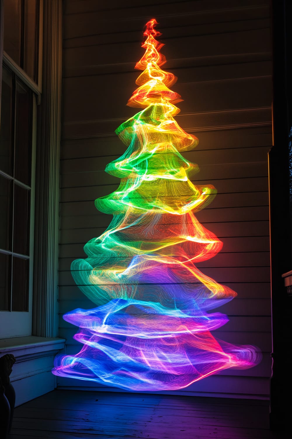 A holographic Christmas tree made of vibrant rainbow-colored lights is projected onto a sleek black porch wall. The tree shape consists of swirling bands of light in red, orange, yellow, green, blue, and purple, creating a mesmerizing and colorful light show. The intense, focused lighting stands out starkly against the dark background.