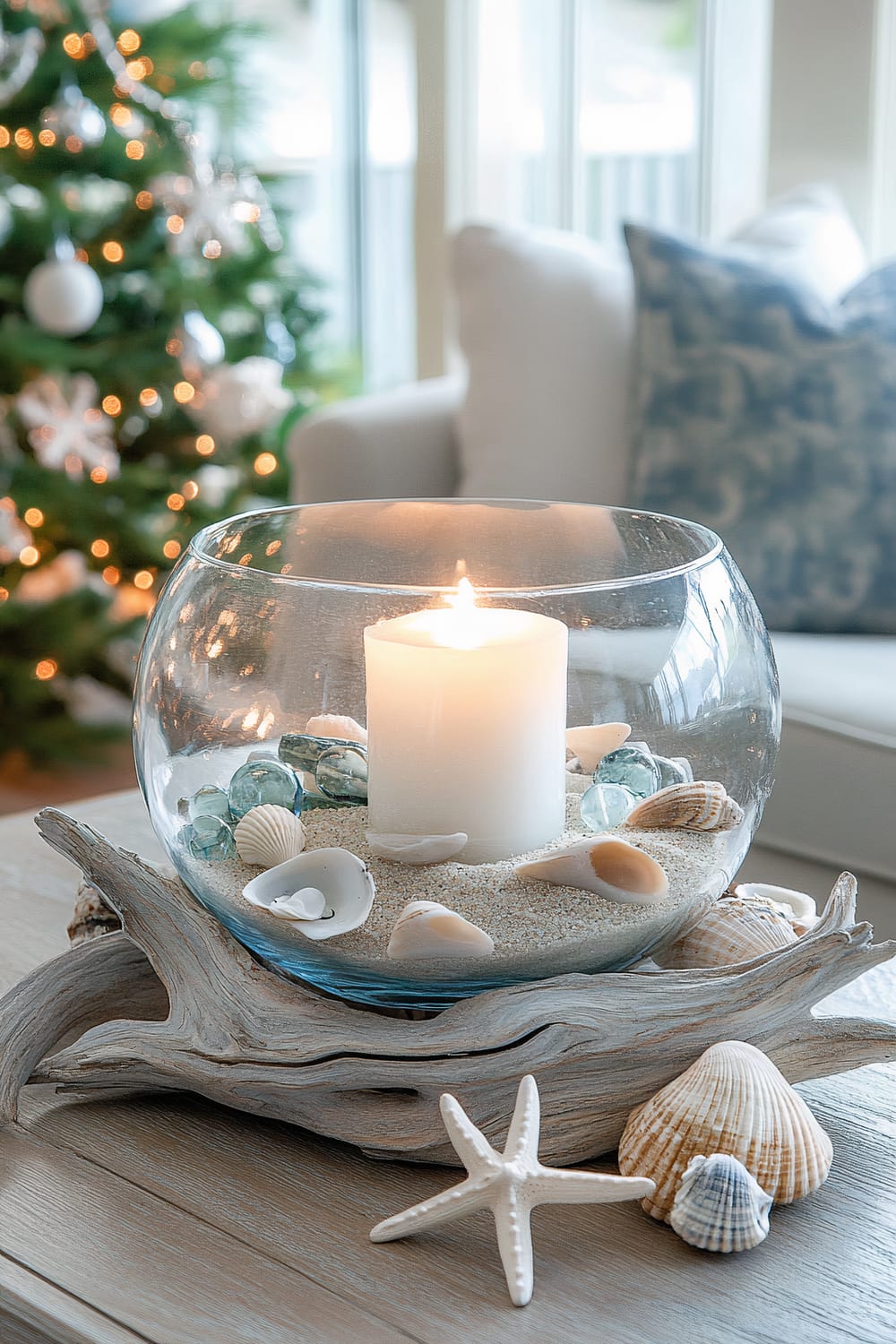 A large clear glass bowl sits on a piece of driftwood on a wooden table. Within the bowl, a white candle is lit, surrounded by sand, seashells, and decorative blue glass pebbles. Nearby, outside the bowl, are additional seashells and a starfish. In the background, a decorated Christmas tree is softly illuminated with lights, and partially visible is a sofa with cushions.