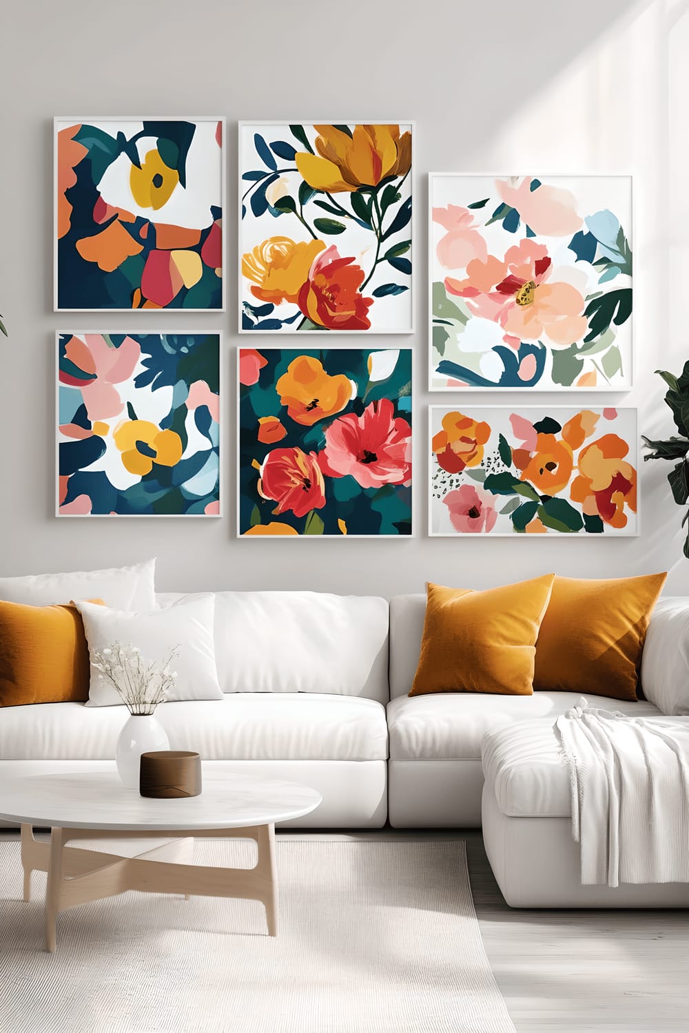 A living room featuring a gallery wall with a curated collection of art prints and posters. The prints bear uplifting quotes, vibrant floral illustrations, and bold-colored abstract designs, creating a balanced and aesthetically pleasing arrangement that adds personality to the room.