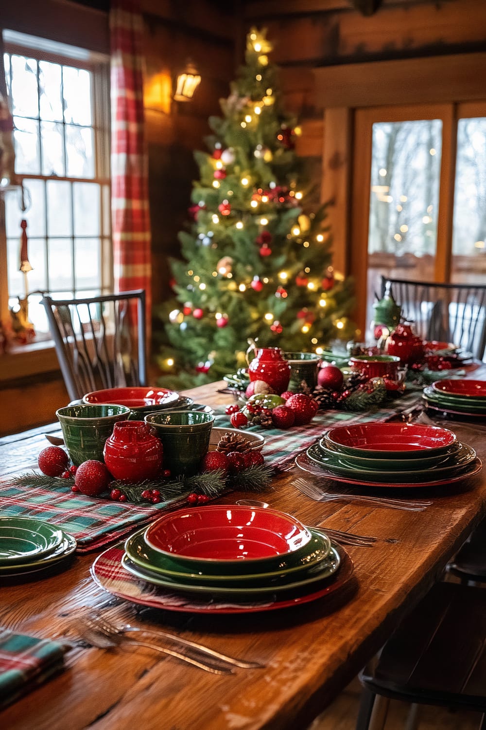 An inviting farmhouse dining room decorated for Christmas. A rustic wooden dining table is set with bold red and green holiday dishes, accompanied by a plaid table runner. The background features a beautifully lit Christmas tree adorned with ornaments, and large windows brighten the space with natural light.