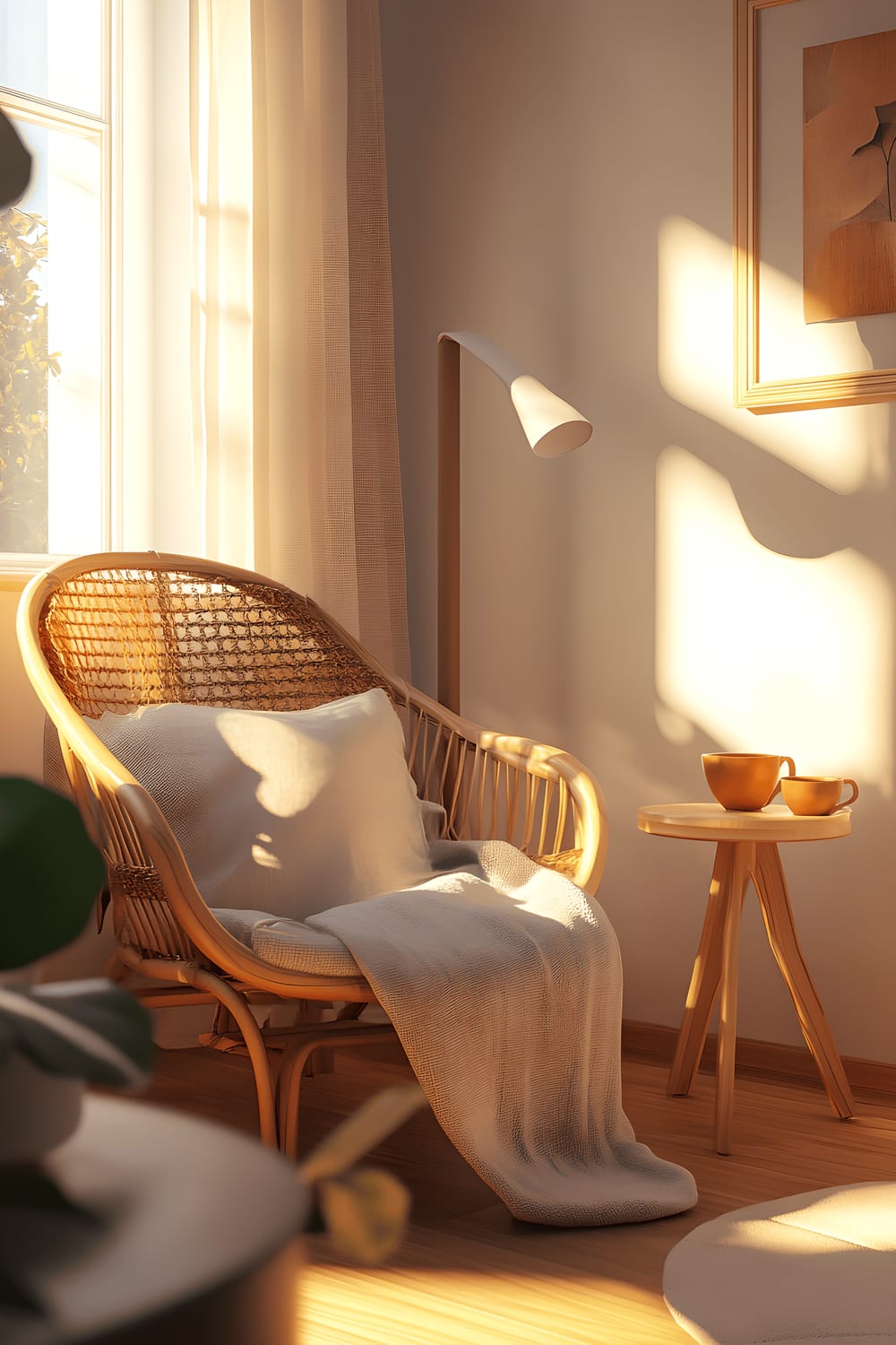 A simplistic Japandi-inspired reading nook featuring a low rattan lounge chair draped with a light linen throw. Adjacent to it is a plain, yet chic side table holding a warm ceramic tea cup, while the room is softly illuminated by a distinct, sculptural floor lamp casting golden-hour light.