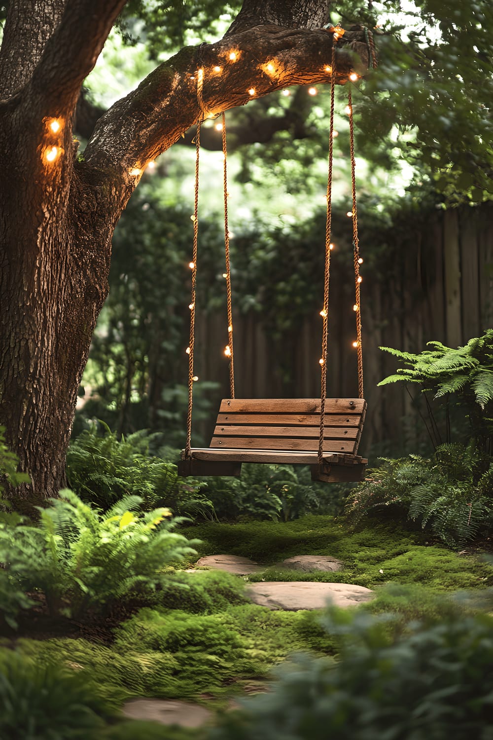 A serene garden scene featuring a rustic wooden swing hanging from a sturdy old oak tree, surrounded by finely shaped ferns and dainty fairy lights illuminating the area. Soft, moss-covered stones are scattered beneath the swing, providing a gentle, earthy ground cover.