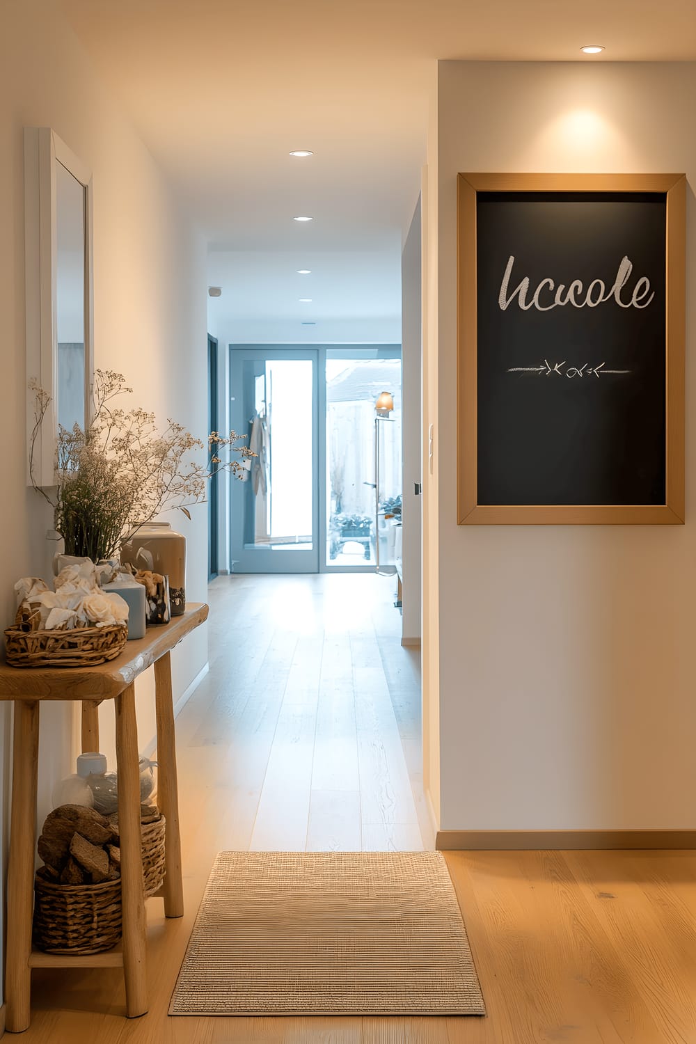 A sleek and modern Scandinavian-inspired hallway featuring a slim console table with decorative items, light wood flooring, minimalist wall artwork, a small framed chalkboard with a welcome message in white chalk, and natural light streaming from a nearby window.