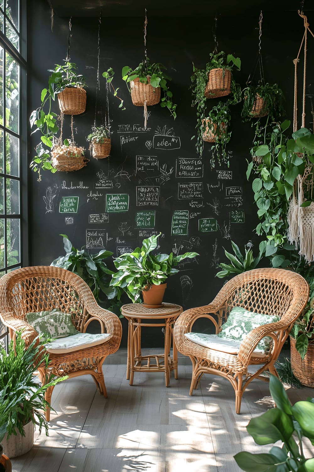 A sunlit room dominated by a chalkboard wall filled with plant names in green and brown chalk accompanies a rich collection of indoor plants. Floor-to-ceiling windows flood the room with light, enhancing the vibrancy of the lush greenery that includes potted plants, hanging vines, and a vertical garden. The room is furnished with wicker chairs, a wooden side table, and macramé plant hangers adding a rustic touch to the space.