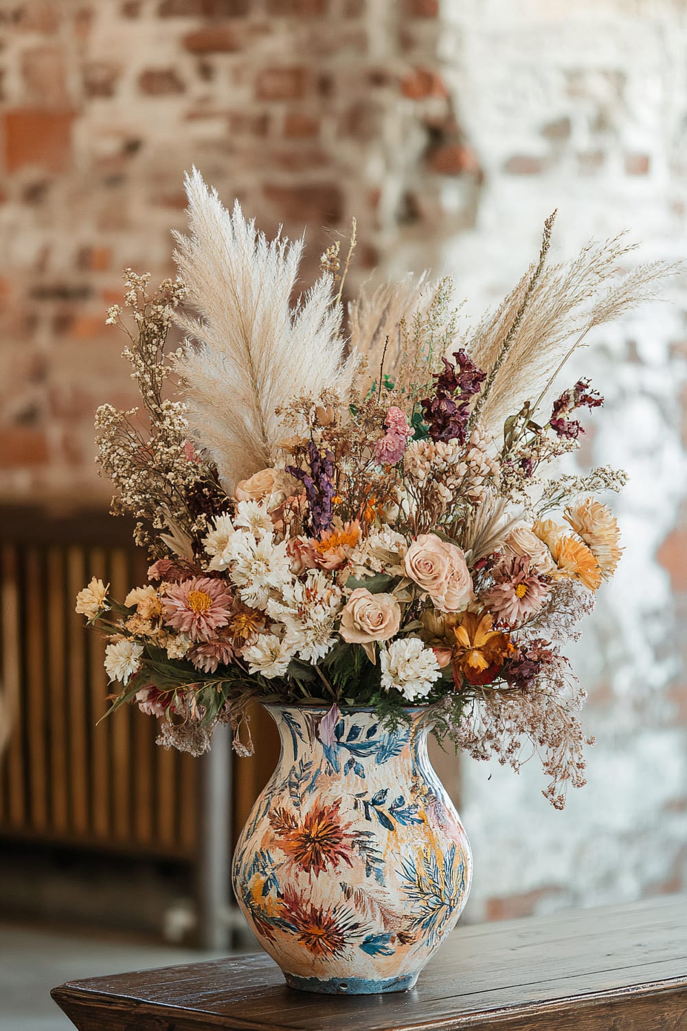 An aesthetically pleasing flower arrangement in a patterned ceramic vase displayed on a wooden table. The bouquet features a mix of dried flowers, including fluffy pampas grass, soft pink roses, creamy white flowers, and various other dried blooms in shades of yellow and purple. The background shows a textured brick wall, suggesting a rustic and warm atmosphere.