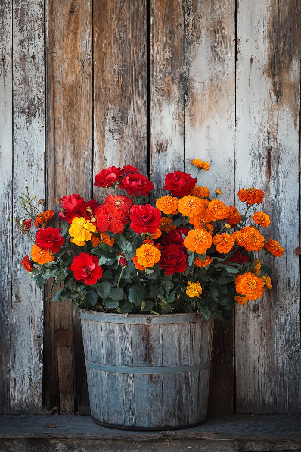 A rustic wooden background with weathered planks is adorned with a blue-gray wooden bucket filled with vibrant red roses and bright orange marigolds.