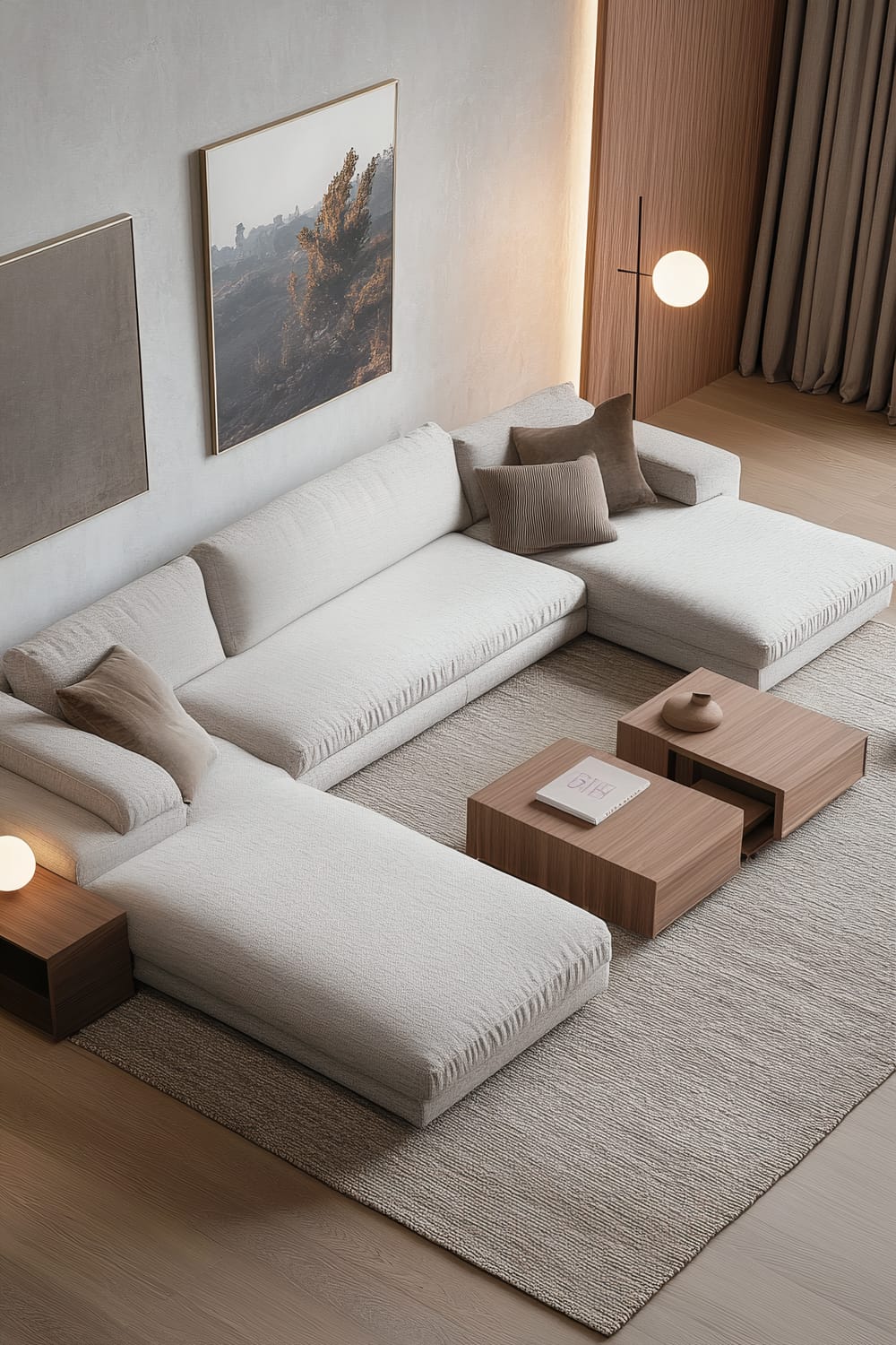 A modern, minimalist living room featuring a large, modular sectional sofa in a neutral color. The room includes a storage ottoman, a wooden coffee table with hidden compartments, and soft lighting from a floor lamp and ceiling lights. Decor consists of wall art and neutral-toned pillows and a textured rug.