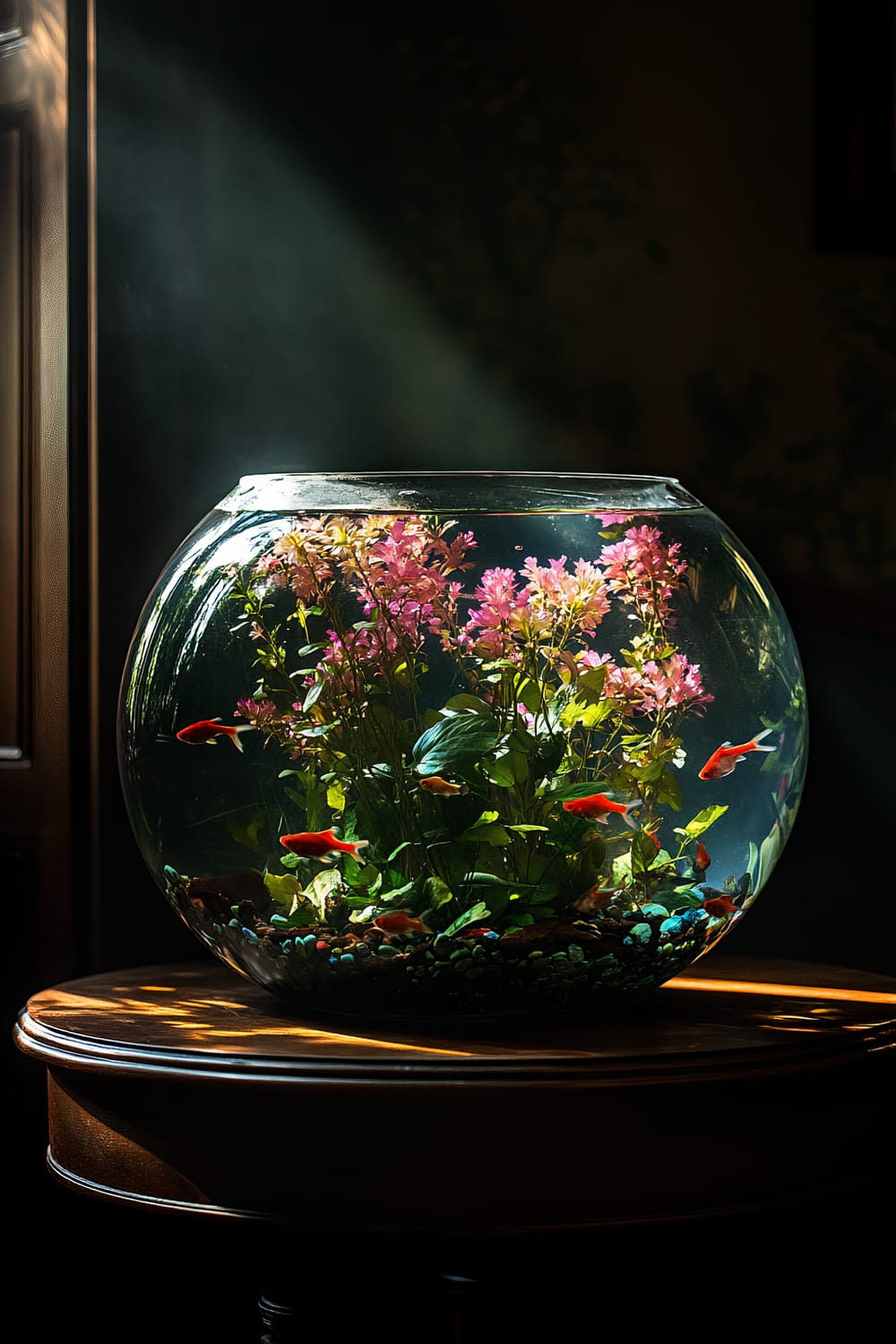 A glass fishbowl is placed on a wooden round table, illuminated by a beam of sunlight from the left. Inside the bowl are small orange and red fishes swimming among colorful aquatic plants, primarily with pink and green foliage. The water is clear, and the base of the bowl is filled with multicolored pebbles.