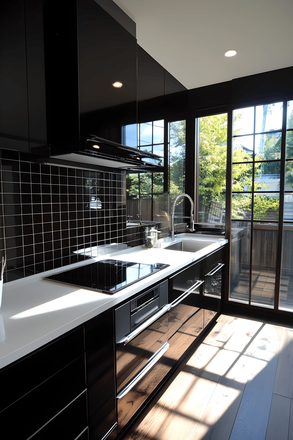 A modern Tokyo kitchen viewed at an angle, featuring a monochromatic black and white color scheme. The kitchen is sleek with black appliances such as a stove and an oven installed into black cabinets, contrasted sharply by white marble countertops. A black subway tile backsplash adds a layer of texture against the white walls. Above the countertops hangs a white pendant light with a geometric design casting intriguing shadows. A large window allows abundant natural light into the space, which highlights every detail and enhances the minimalist aesthetic.