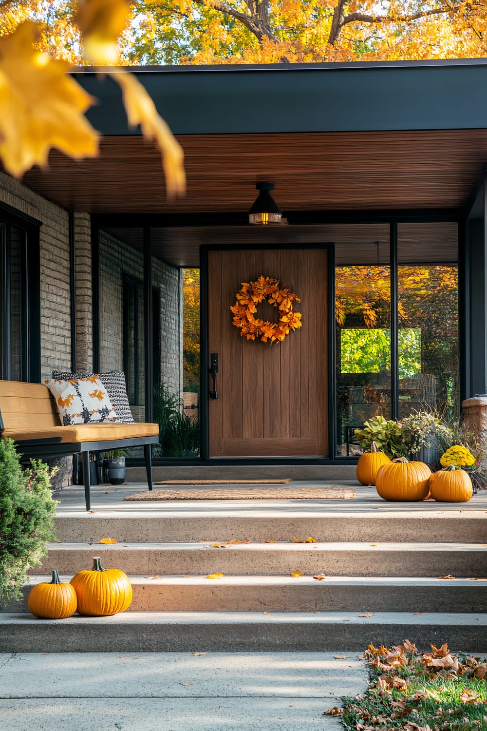 A front porch decorated for autumn with pumpkins placed on the steps and a fall wreath on the wooden front door. A wooden bench with decorative pillows sits to the left. The area is surrounded by trees with yellow and orange foliage, reflecting the vibrant colors of fall.