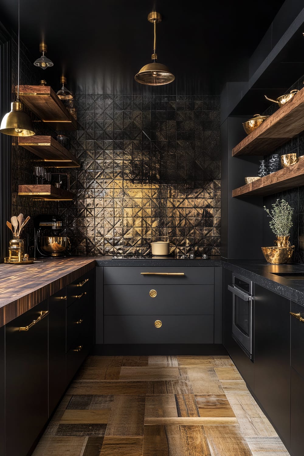 An opulent kitchen featuring a blend of dark tones and brass accents. The walls are adorned with black, geometric-patterned tiles that shimmer slightly under the light. Two golden pendant lights hang from the black ceiling, casting a warm glow. Wooden shelves with brass brackets hold golden bowls and glassware. The cabinetry is matte black with sleek brass handles, complemented by a rich, wooden countertop. The flooring is a patchwork of wooden planks in various shades, adding a rustic touch to the otherwise modern, elegant space.