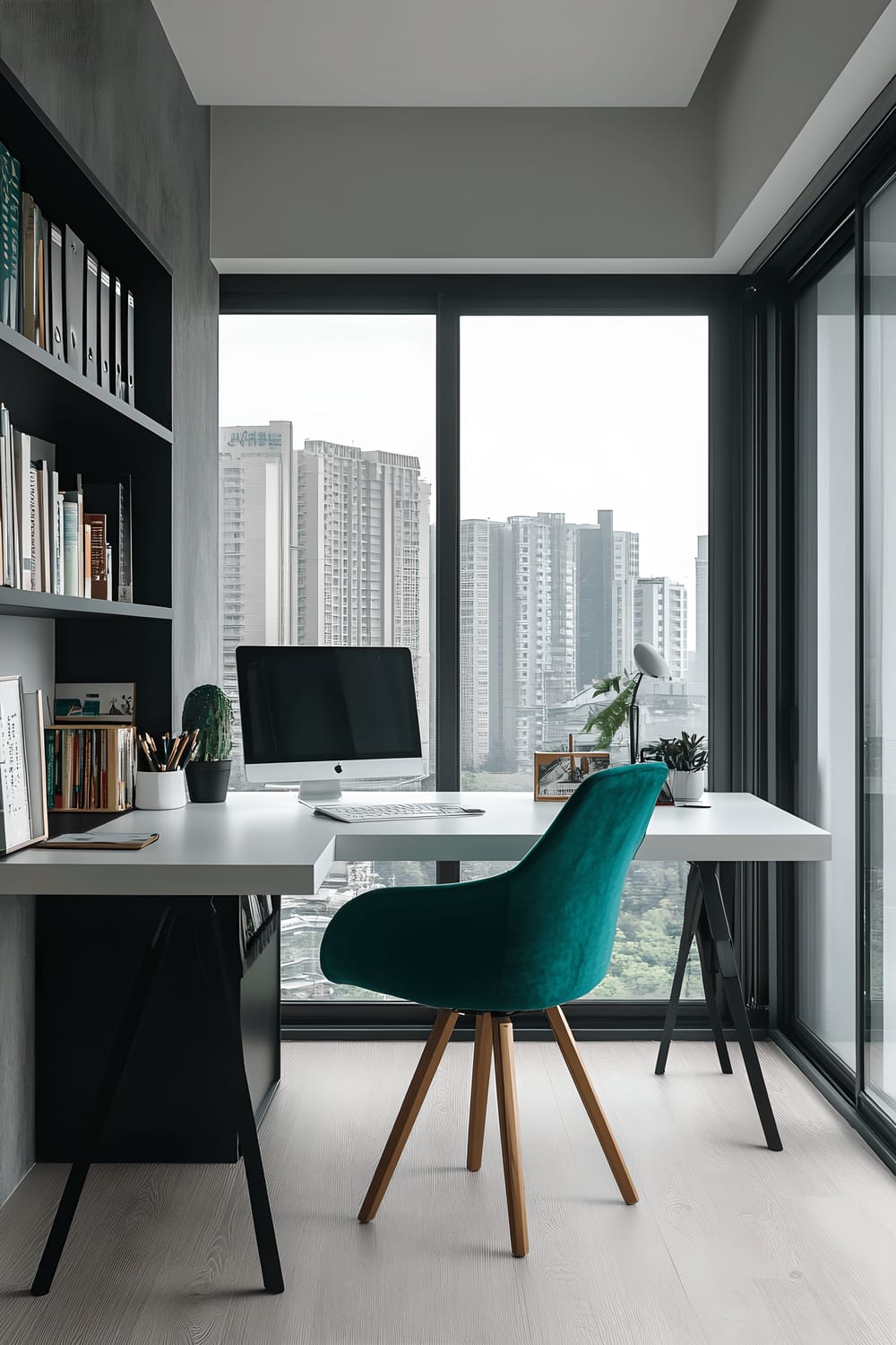 A modern home office in Tokyo with a minimalist vibe. The image features a white desk adorned with Scandinavian-style desk accessories, a teal ergonomic chair, and a black minimalist bookshelf filled with books and a single vase, all set against soft gray walls. Large windows flood the room with natural light.