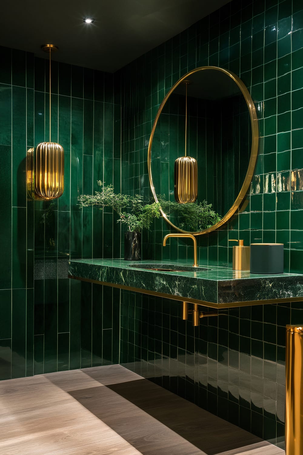 A modern bathroom interior featuring deep green, glossy tiles covering the walls. A large, round mirror with a gold frame hangs above a marble sink with green and gold veins. Two sleek, cylindrical, gold-toned pendant lights hang from the ceiling. A black vase with green foliage is situated on the counter next to a gold soap dispenser and a cylindrical decor piece. The floor is a contrasting light wood with a smooth finish.