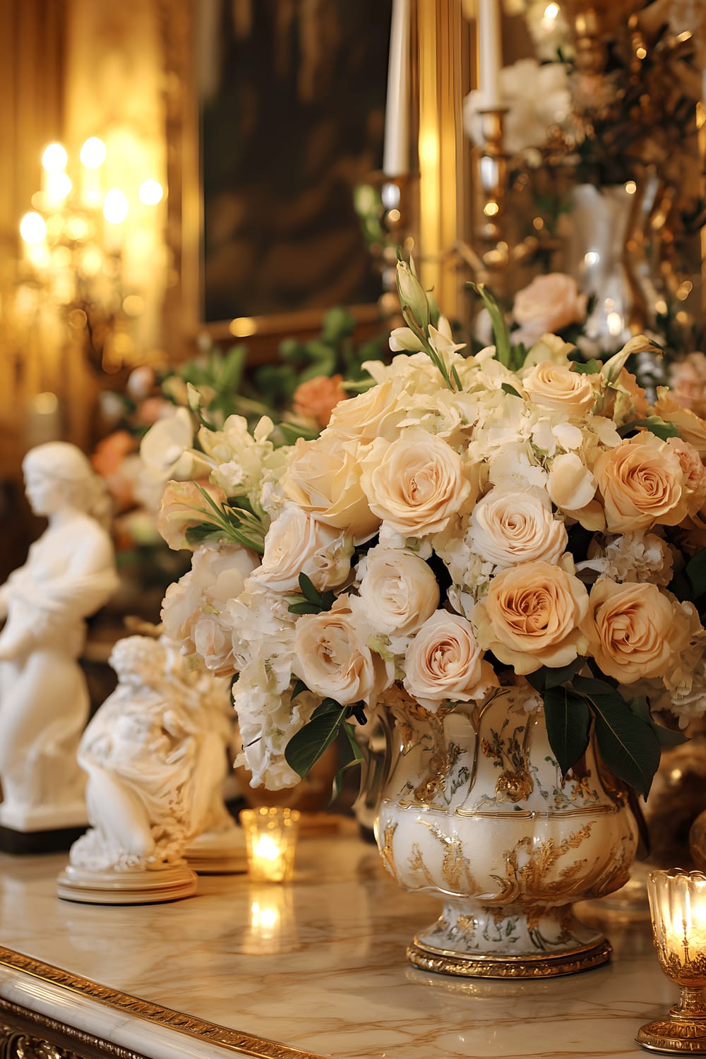 An opulent dining table set up featuring a centerpiece made up of lush roses and lilies in ornate Renaissance-style vases, small replicas of classic sculptures, and ambient candlelight. The dining room has a Florence-inspired design with rich gold accents, and elegant marble surfaces. The pastel colors of the flowers contrast the deep greens and golds of the sculptures, heightening the level of sophistication.