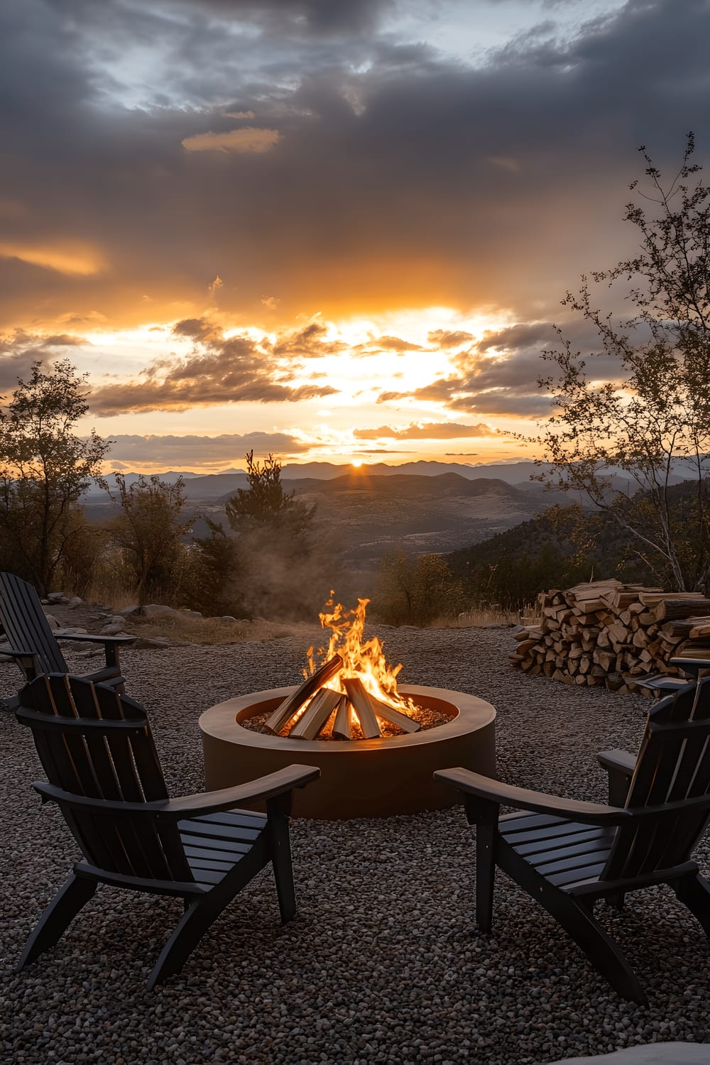 A gravel seating area in an open landscape under a golden sunset sky. The seating area features sleek, black Adirondack chairs arranged around a fire pit with a small stack of neatly arranged firewood nearby.