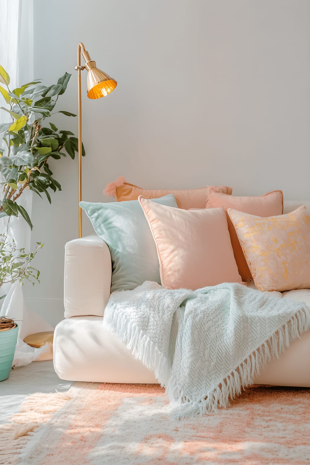 A snug reading nook featuring soft pastel pillows neatly piled against the wall on a plush seating area. A small table holds a single metallic gold lamp that fills the area with a warm, inviting glow.