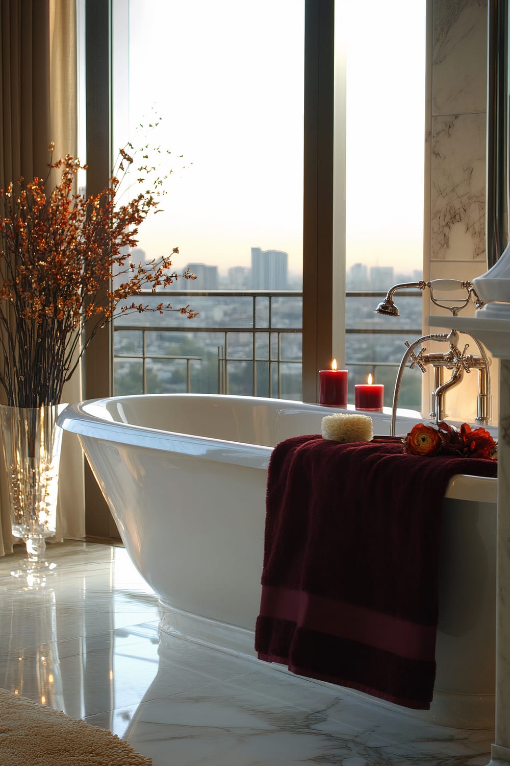 A luxurious bathroom featuring a white freestanding bathtub with chrome fixtures, adorned with a burgundy towel draped over the side. Red candles and a sponge rest on the bathtub's edge. The marble floor reflects the soft light from the setting sun, visible through the large windows in the background. A tall vase with branches of orange and red foliage is positioned in the corner, adding warmth to the space.