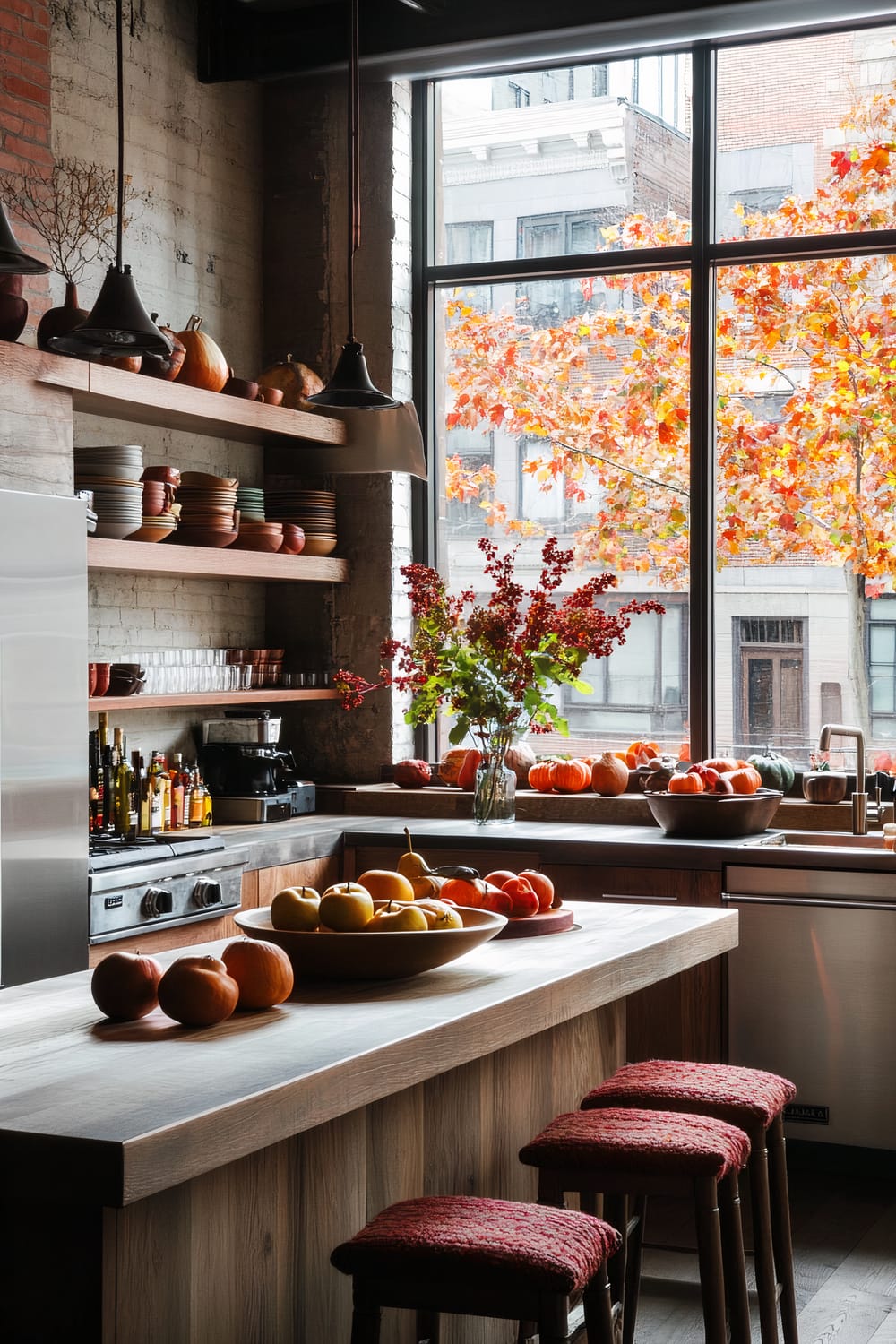 A modern kitchen with a rustic vibe, featuring a large window showing autumn leaves outside. The kitchen has open wooden shelves holding an array of colorful bowls and dishes, along with decor items like pumpkins and gourds. A wooden countertop island has bowls filled with apples and various vegetables. Red cushioned stools line one side of the island, and the stainless-steel appliances add a contemporary touch. A vase with red berries sits on the counter, adding a pop of color.