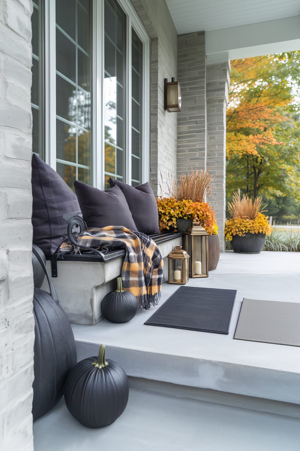 An inviting front porch features a concrete bench with black metal railings, adorned with dark throw pillows and a black-and-yellow plaid blanket. Decorative black pumpkins are placed around the area, while large potted plants filled with autumnal foliage and ornamental grass enhance the seasonal theme. Two brass lanterns with white pillar candles add warmth, and a dark doormat lies at the foot of the steps. Large windows framed by light grey brick reflect the surrounding landscape of vibrant fall trees.