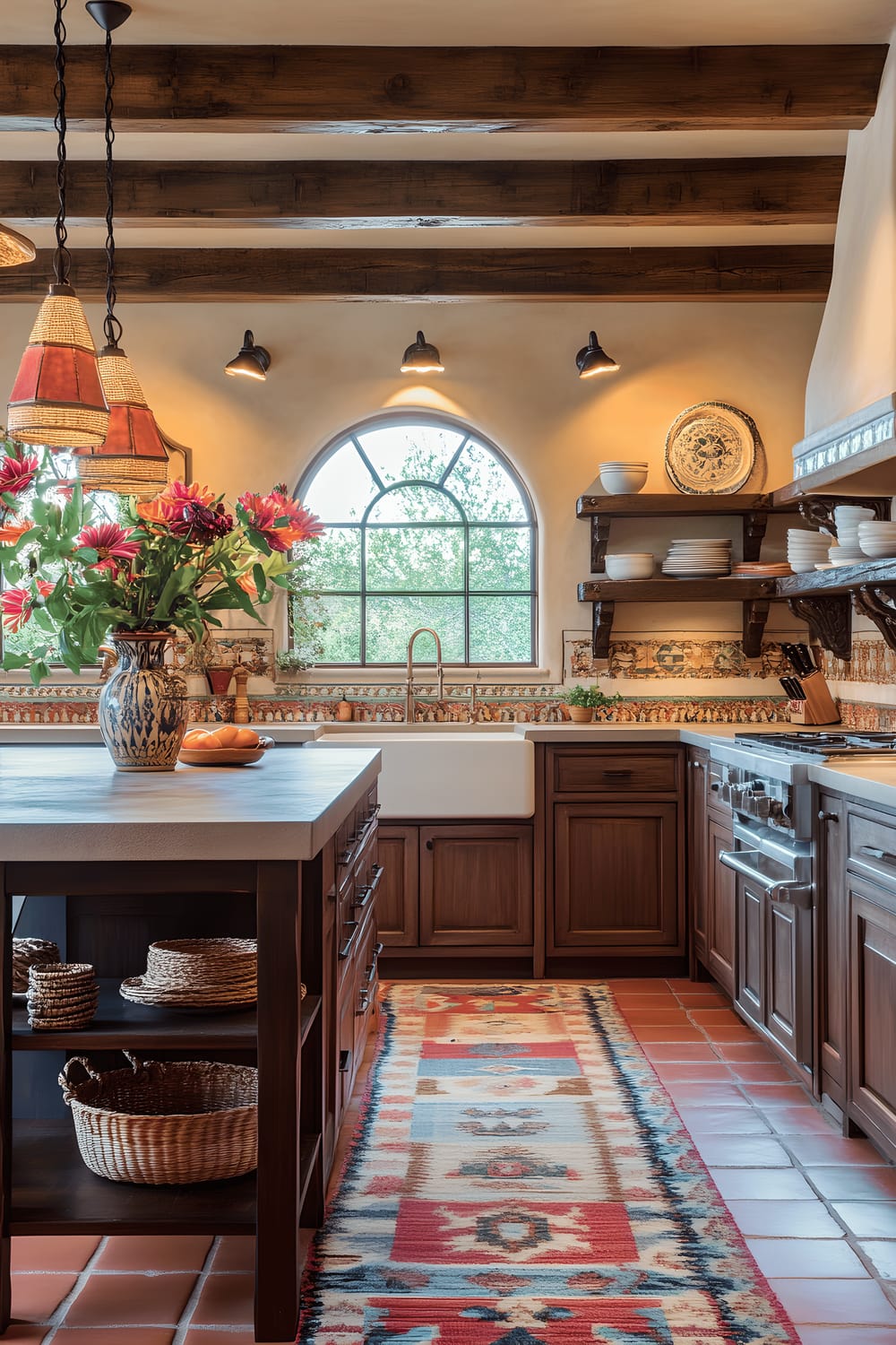 A vibrant and cozy Southwestern-style kitchen with rich earthy tones. The space features rough stucco walls in warm beige, dark wooden cabinets, a large stone-top kitchen island that doubles as a dining area, terracotta floor tiles, and wrought iron pendant lights with colorful glass accents. Open shelves showcase a collection of regional pottery, woven baskets, and copper cookware. Large arched windows let in ample natural light.