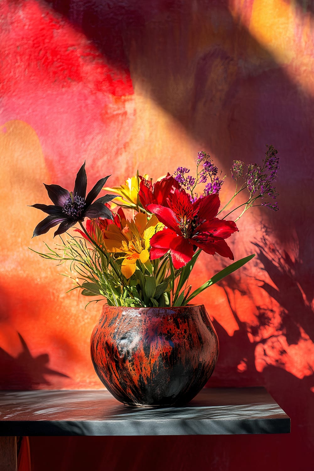 Email a flower arrangement with red, yellow, and black flowers in a red and black ceramic vase positioned on a modern side table. The background wall is a gradient of red and orange with shadows cast by the flowers and vase.