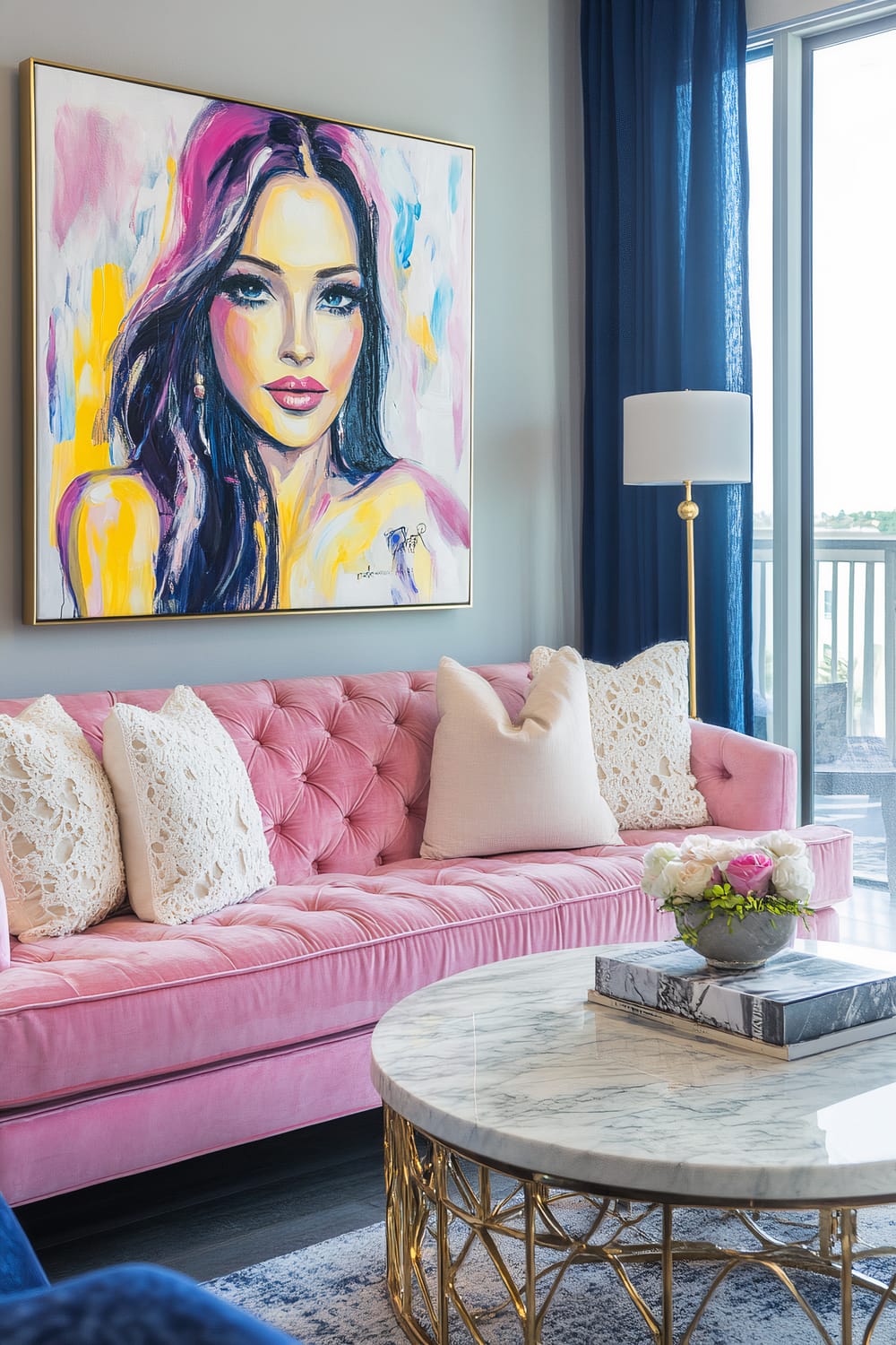 A chic living room featuring a bold, colorful painting of a woman in shades of yellow, magenta, and blue, prominently displayed above a blush pink velvet tufted sofa with brass accents and lace-like cream pillows. A round marble coffee table with gold legs sits in front of the sofa, holding a vase of flowers and books. Navy blue curtains and soft gray walls provide a serene backdrop, with light streaming in from large windows to the right.