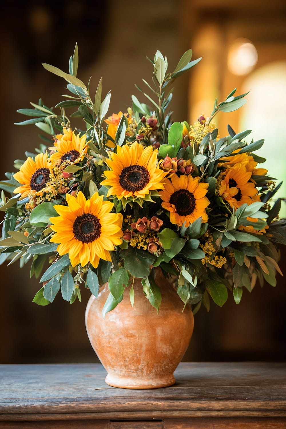 A large bouquet of vibrant sunflowers arranged in a rustic terracotta vase. The sunflowers are complemented by assorted green foliage and small berries. The background is softly blurred, highlighting the bouquet's prominence and creating a warm and inviting atmosphere.