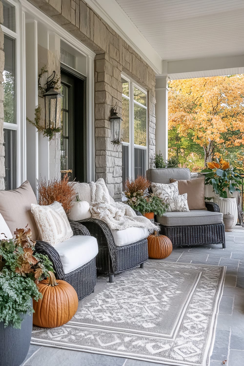 A stylishly furnished outdoor patio featuring wicker chairs with plush cushions and various decorative pillows in neutral tones. Cozy throws are draped over the chairs, enhancing the welcoming ambiance. The patio floor is adorned with a patterned rug, and autumn accents such as pumpkins and potted plants are skillfully arrayed around the space. The backdrop includes a stone wall, lantern-style wall sconces, and windows, with vibrant autumn trees in the background.