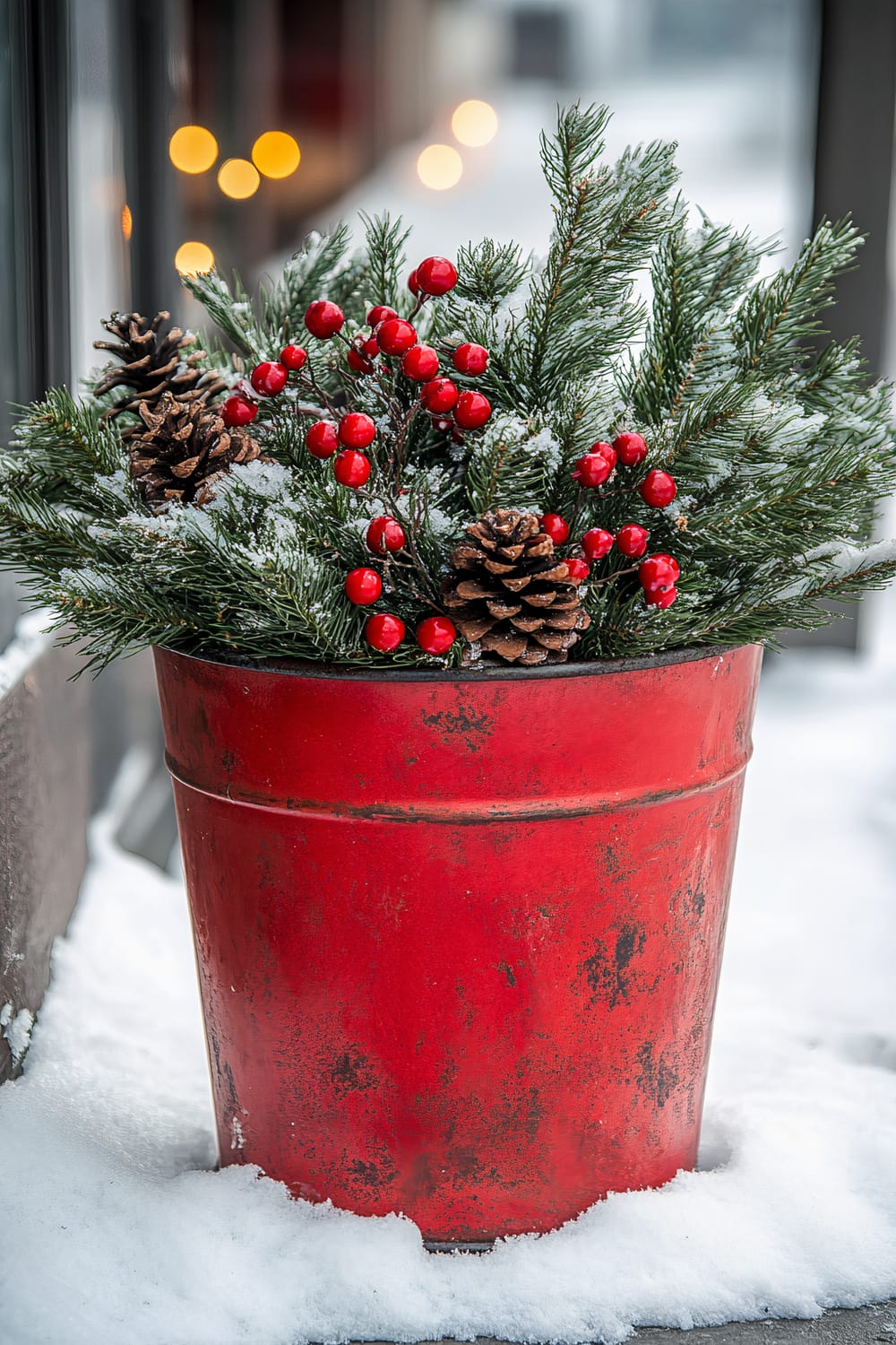 A red, vintage-style metal planter containing evergreen branches, red berries, and pinecones is positioned on a snow-covered sidewalk. The snow lightly dusts the greenery, adding to the wintery ambiance. Warm outdoor lights glow softly in the blurred background, adding to the nostalgic feel of the scene.