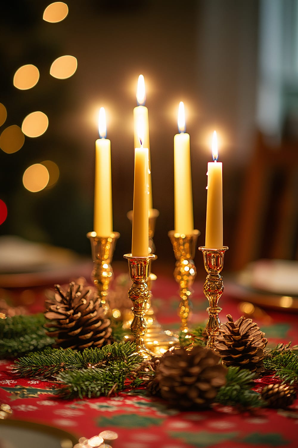 A close-up image showcasing a holiday table centerpiece with five tall, lit candles in ornate gold candle holders. The candles stand amidst pinecones and evergreen branches laid on a red tablecloth with seasonal patterns. Out-of-focus holiday lights add a warm glow in the background.