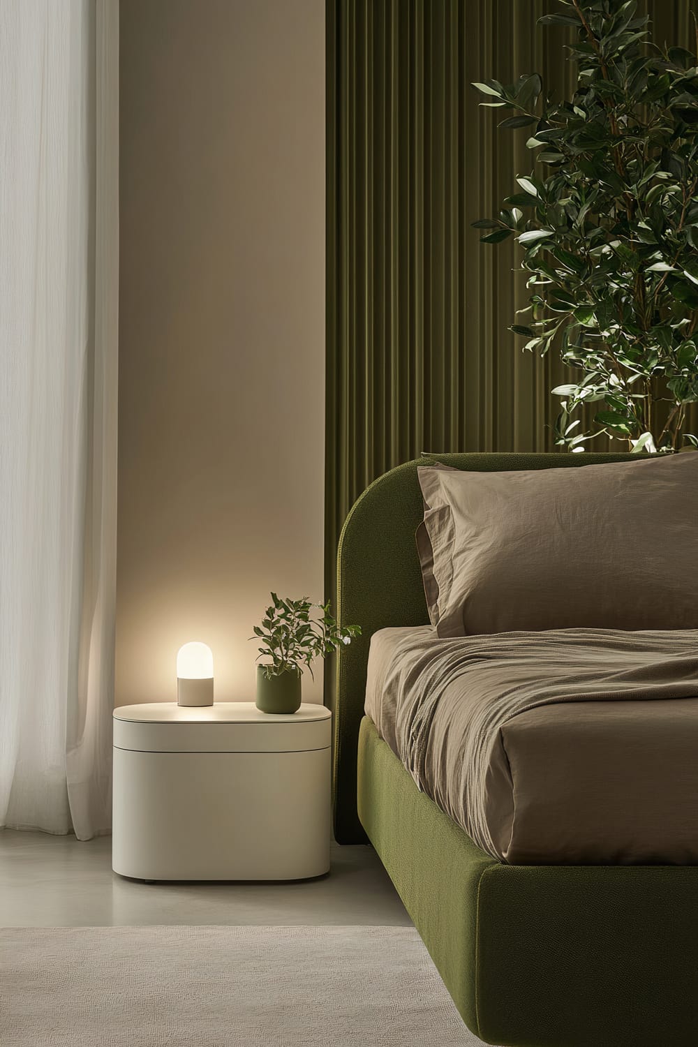 An organized bedroom with a green upholstered bed, beige bedding, and a white minimalist nightstand. The nightstand holds a small plant in a green pot and a bedside lamp emitting warm light. The walls are light beige with a green accent panel behind the bed, and a large indoor plant partially visible. A light curtain is drawn to one side, and a beige carpet covers the floor.