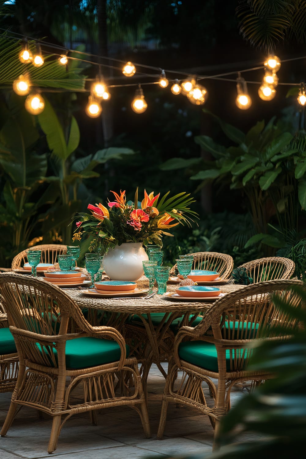 A tropical-inspired outdoor Thanksgiving dining setup with a rattan table and chairs featuring emerald green cushions. The table is adorned with vibrant coral and turquoise tableware, and a centerpiece of exotic flowers in a large white ceramic vase. Lush green plants surround the area, and string lights overhead provide a warm evening glow.