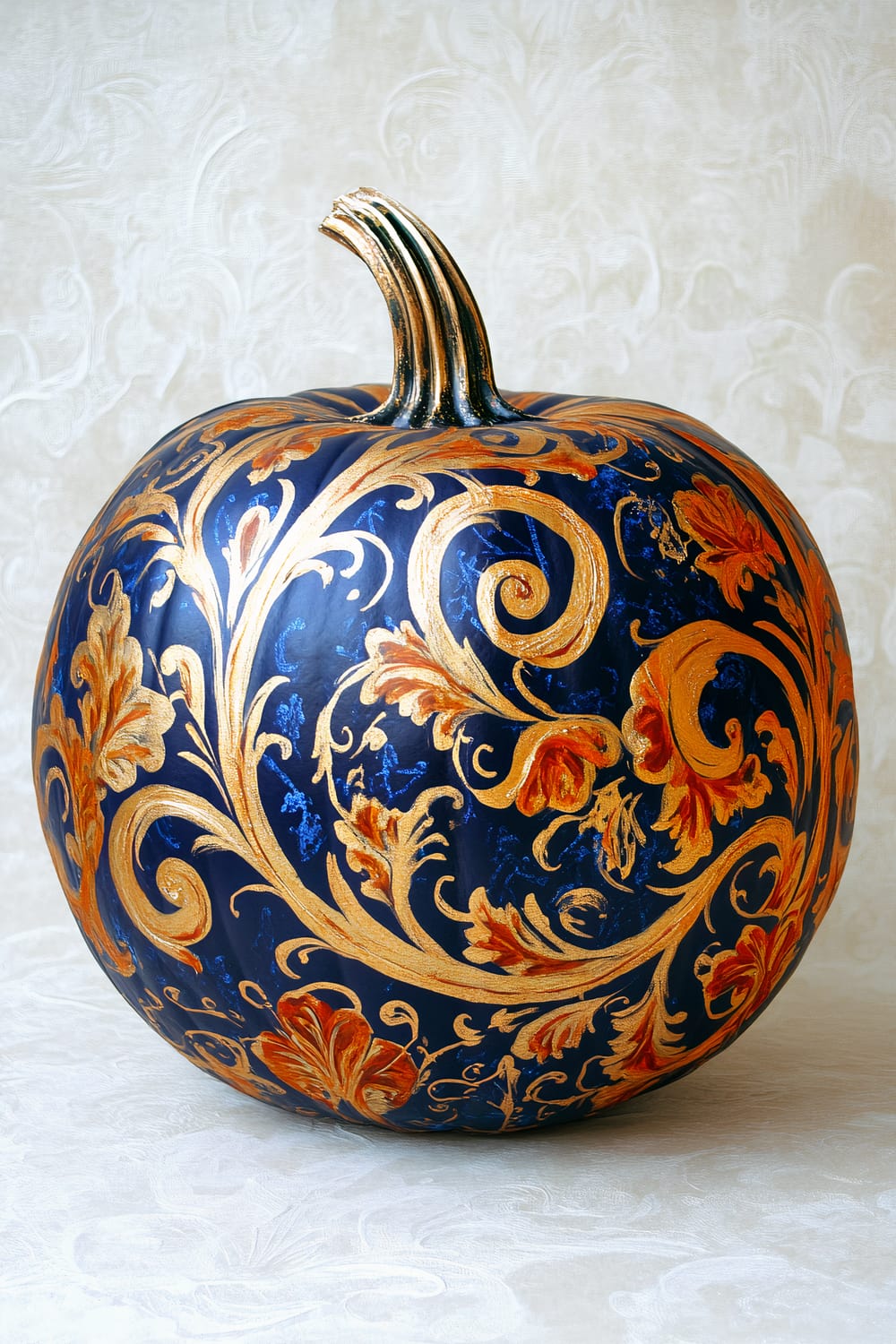 A blue decorative pumpkin with intricate golden floral patterns and orange accents on its surface. The pumpkin is set against an elegant, light beige background with a subtle, ornate pattern.