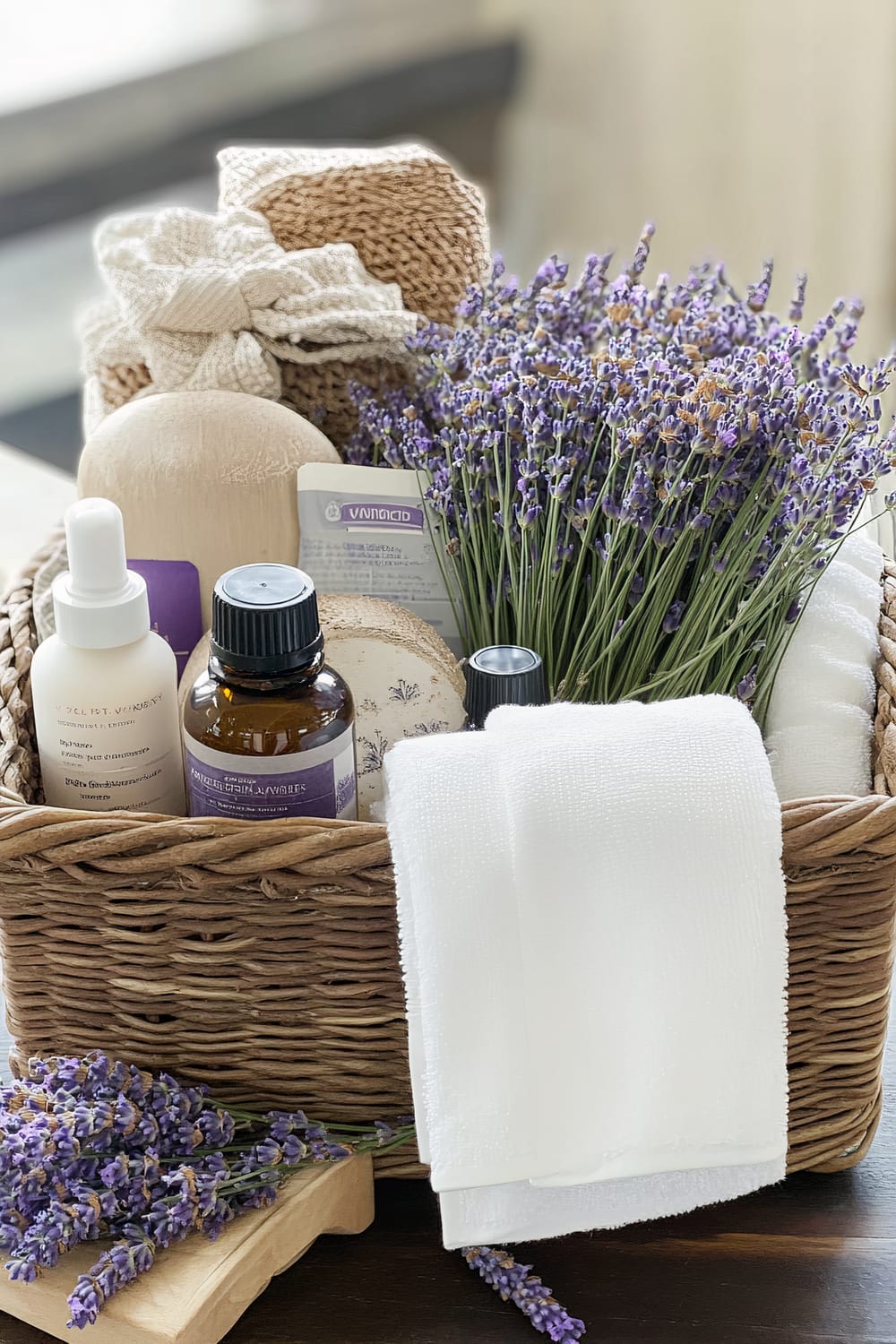 A wicker basket filled with spa and self-care items is displayed on a table. The basket contains a lush bouquet of lavender flowers, a soft white towel draped over one side, a wooden massaging tool, a jar of essential oil, a bottle of facial spray, a natural soap, and neatly folded, textured fabrics including washcloths and exfoliating cloths. The lavender blooms extend from the basket's top, echoing the scattered sprigs on the table, creating a visually appealing lavender theme throughout.