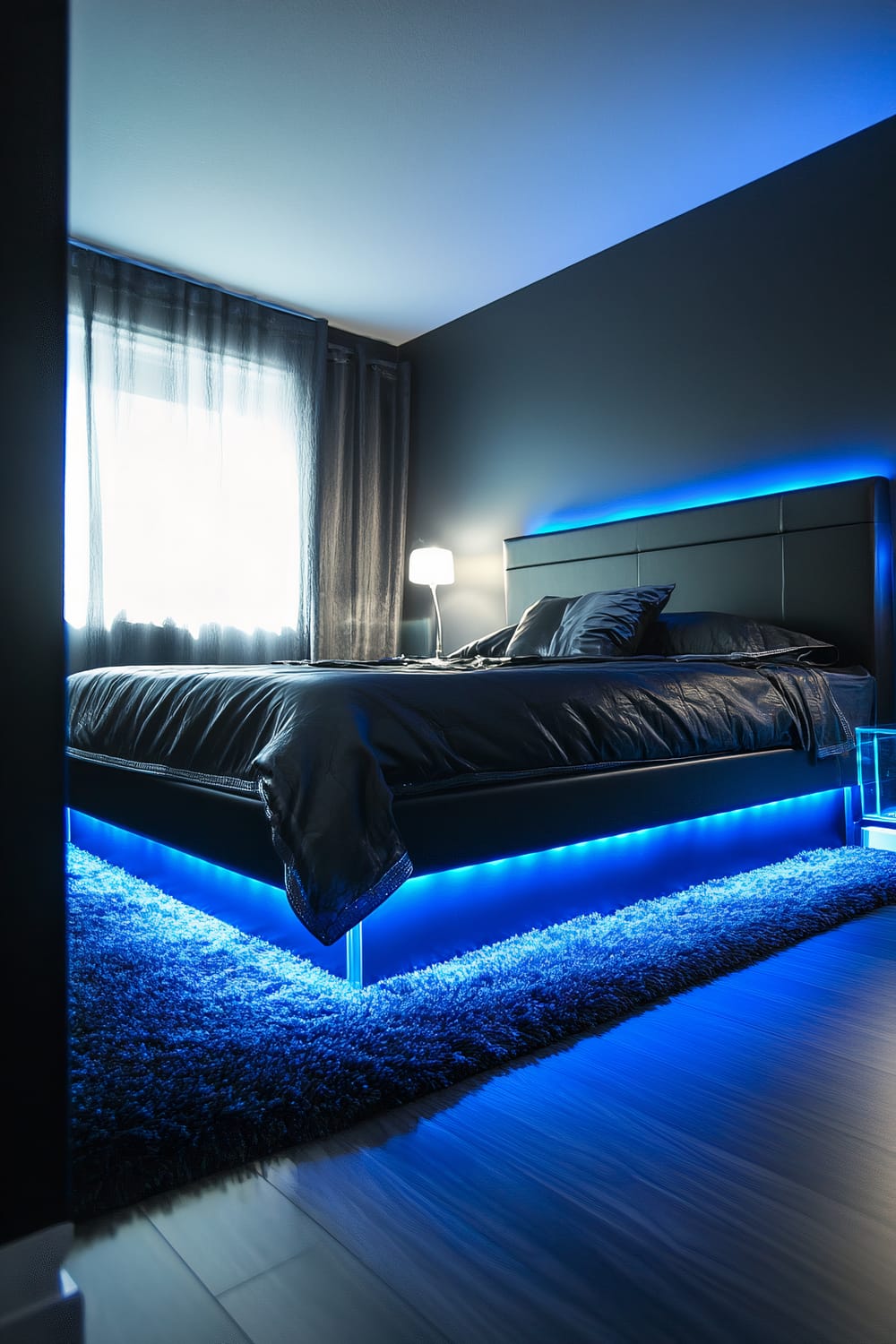 A modern bedroom featuring a black leather bed with blue LED lighting around the headboard and base. The space has dark slate walls, a modern glass nightstand with a single lamp, and a shaggy, dark-colored rug. A sheer curtain covers the window, allowing some natural light to filter through.