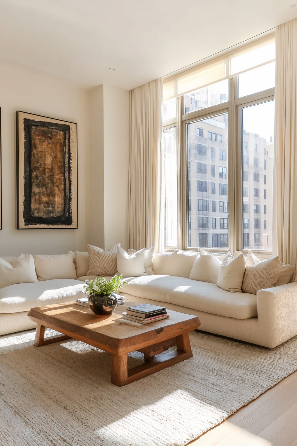 A relaxed living room with light wood flooring, a cream bouclé upholstered sofa, and a wooden coffee table on a plush area rug. High-contrast art pieces decorate the walls, while large windows allow natural light to fill the space.