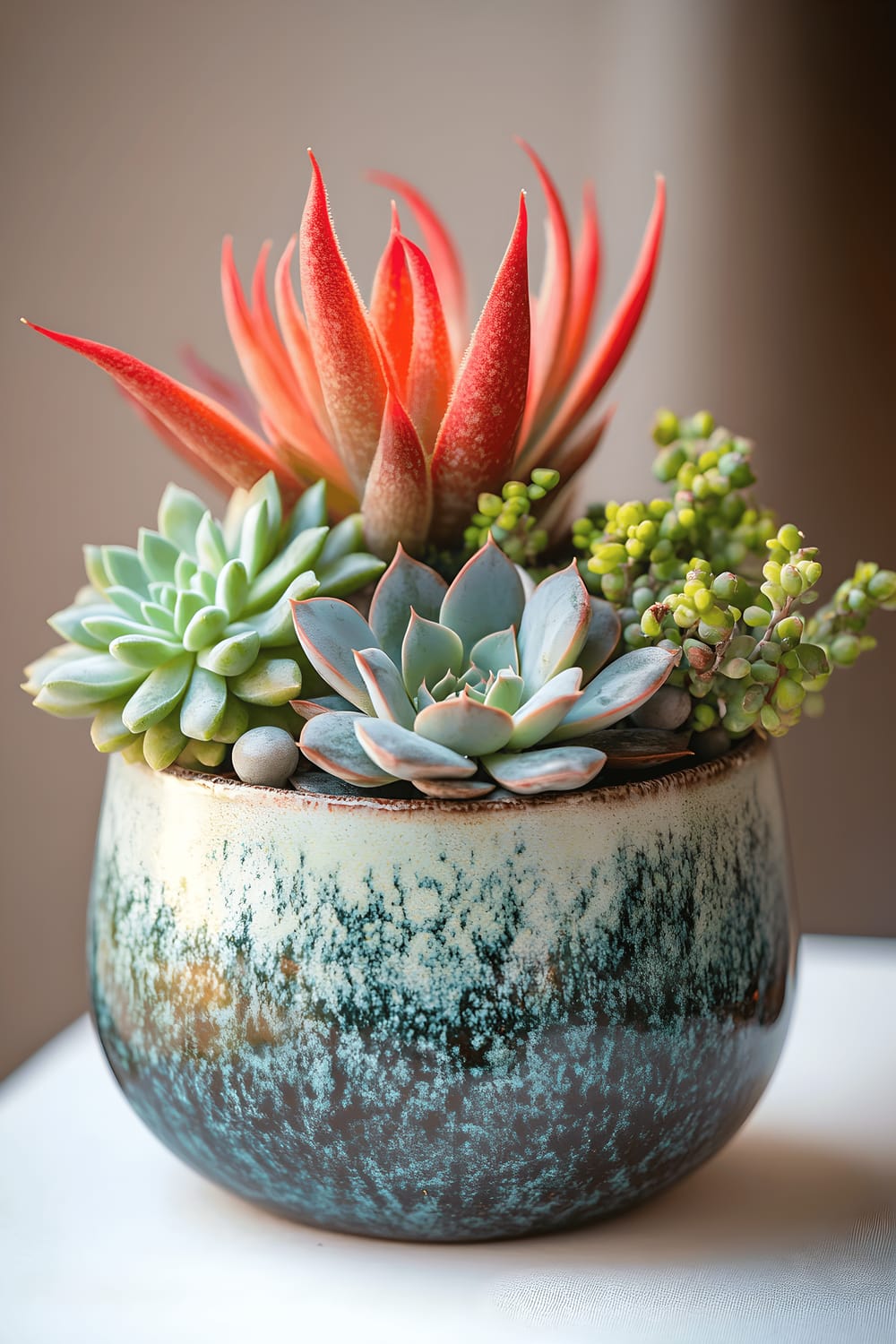 A modern arrangement of succulents housed in a ceramic pot, displaying a variety of plants including a prominent red moon cactus.