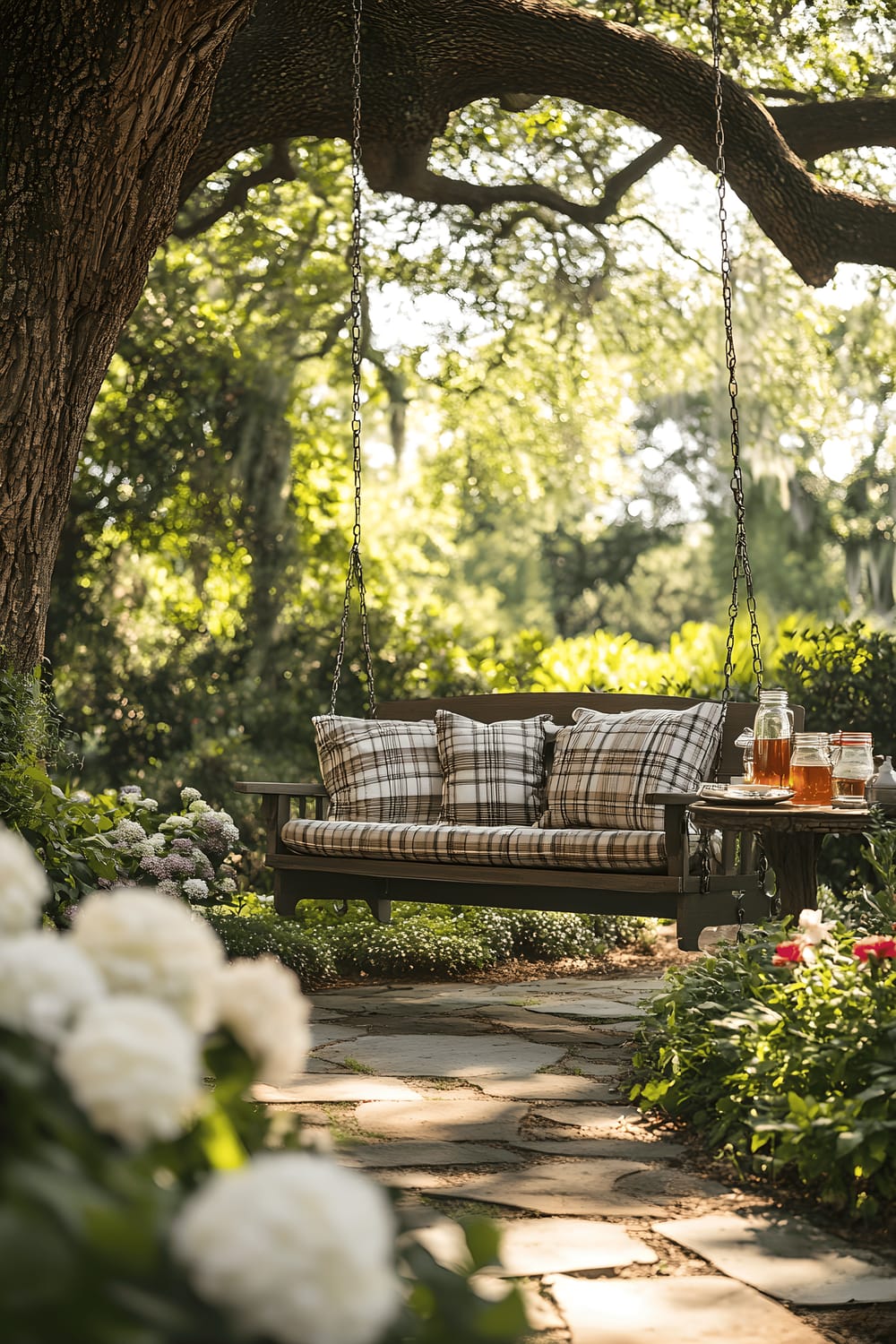 A Southern-style backyard featuring a wooden porch swing with plaid cushions, under a large oak tree surrounded by blooming hydrangeas and climbing roses. A stone pathway leads to a vintage wooden bench and a porch table with sweet tea served in mason jars.