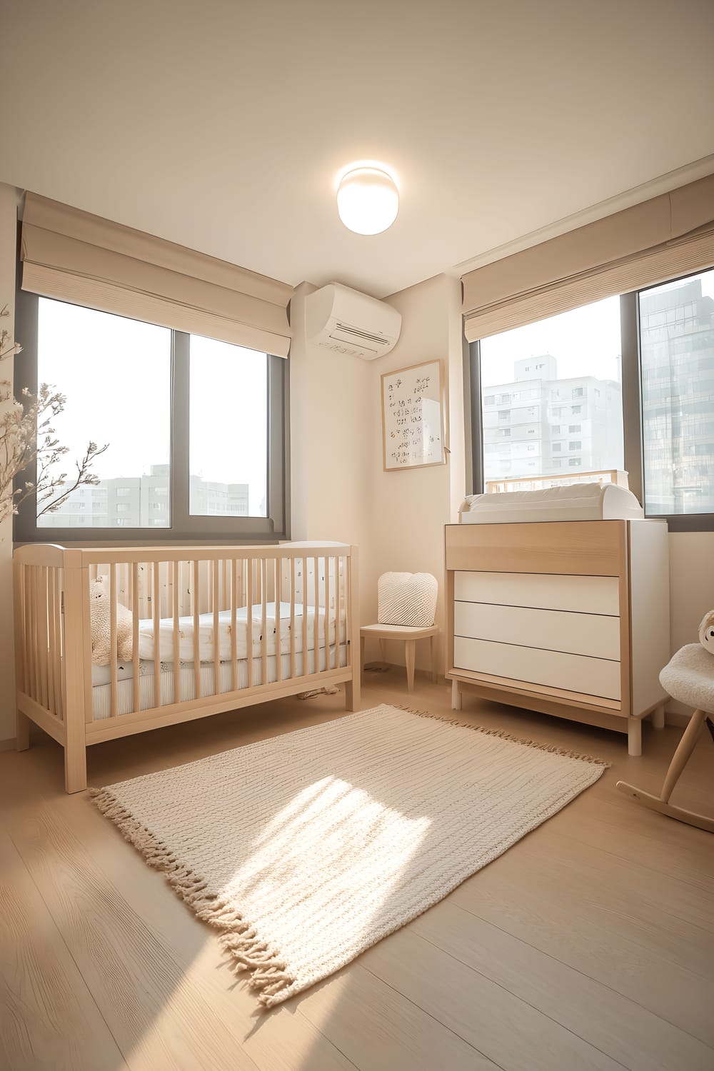 A stylish nursery in Hongdae, Seoul filled with a mix of modern and traditional Korean decor. The nursery features soft natural light streaming in through large windows. The color scheme is a harmonious blend of pastels and earthy tones. Multifunctional furniture provides ideal spacing, and personalized decor items create a kid-friendly ambience. Walls are covered in subtle prints, while the floor is made of light wooden planks. Furniture includes a white crib with soft-looking bedding, a clean-lined shelving unit filled with children's toys and books, and a compact, chic seating area.