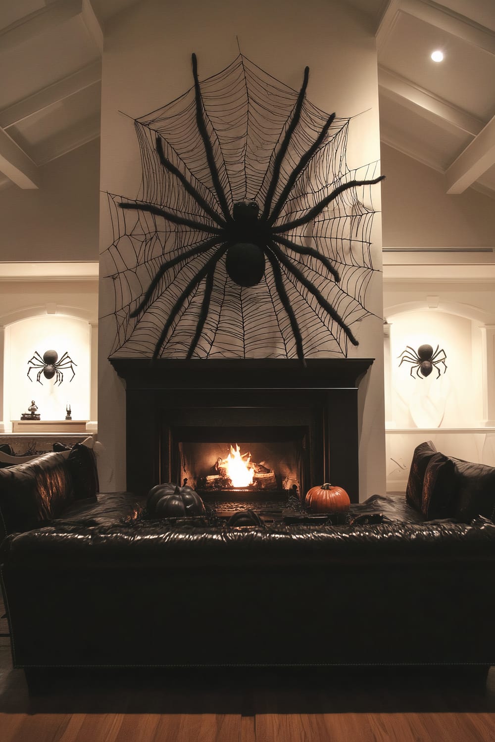 An American living room decorated with a Halloween theme, featuring a prominent spider web and large spider above a fireplace. The room has black leather couches, black and orange pumpkins, and additional oversized spider decorations on the walls.